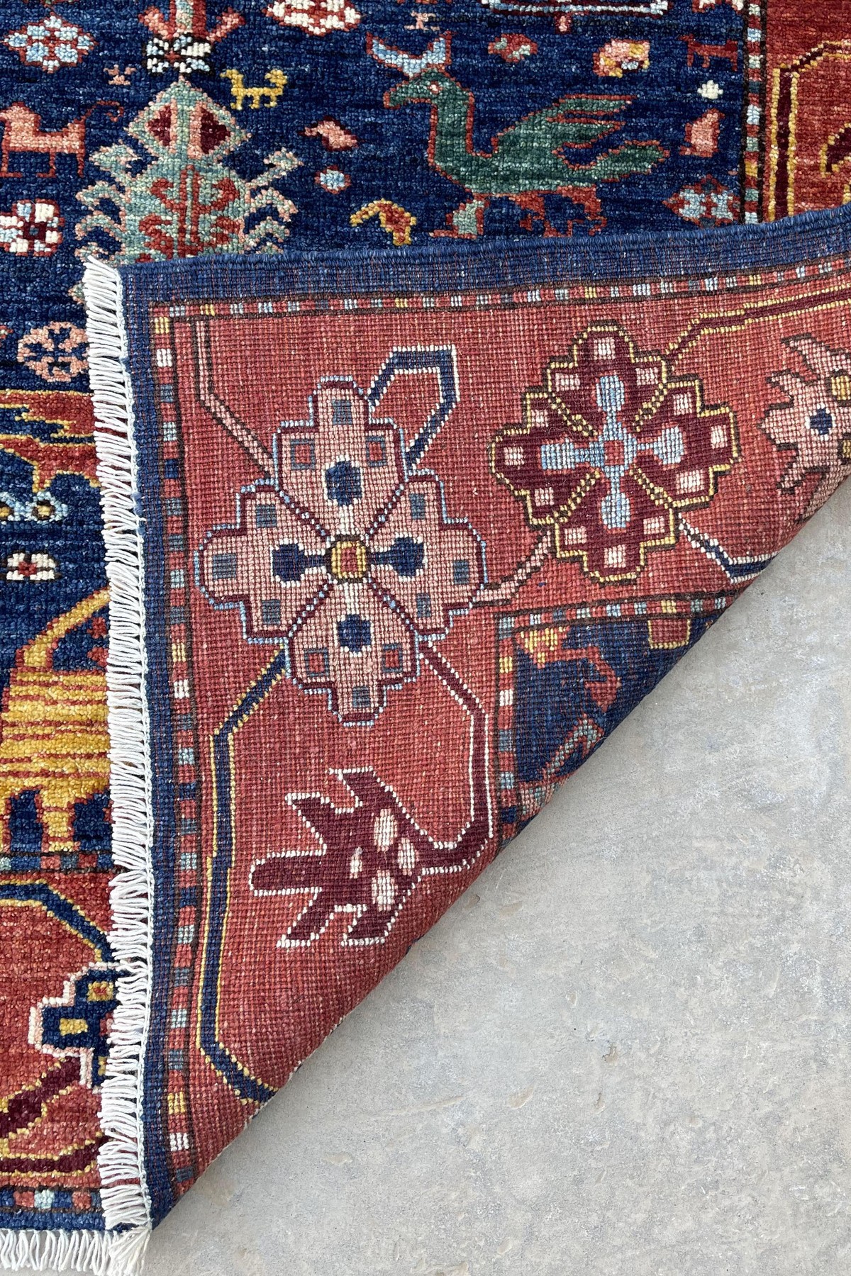 Bluish Red Animal Pictorial Afghan Handmade Carpet | Turkmen Weave Area Carpet 4.70 X 3.40 (ft) 3