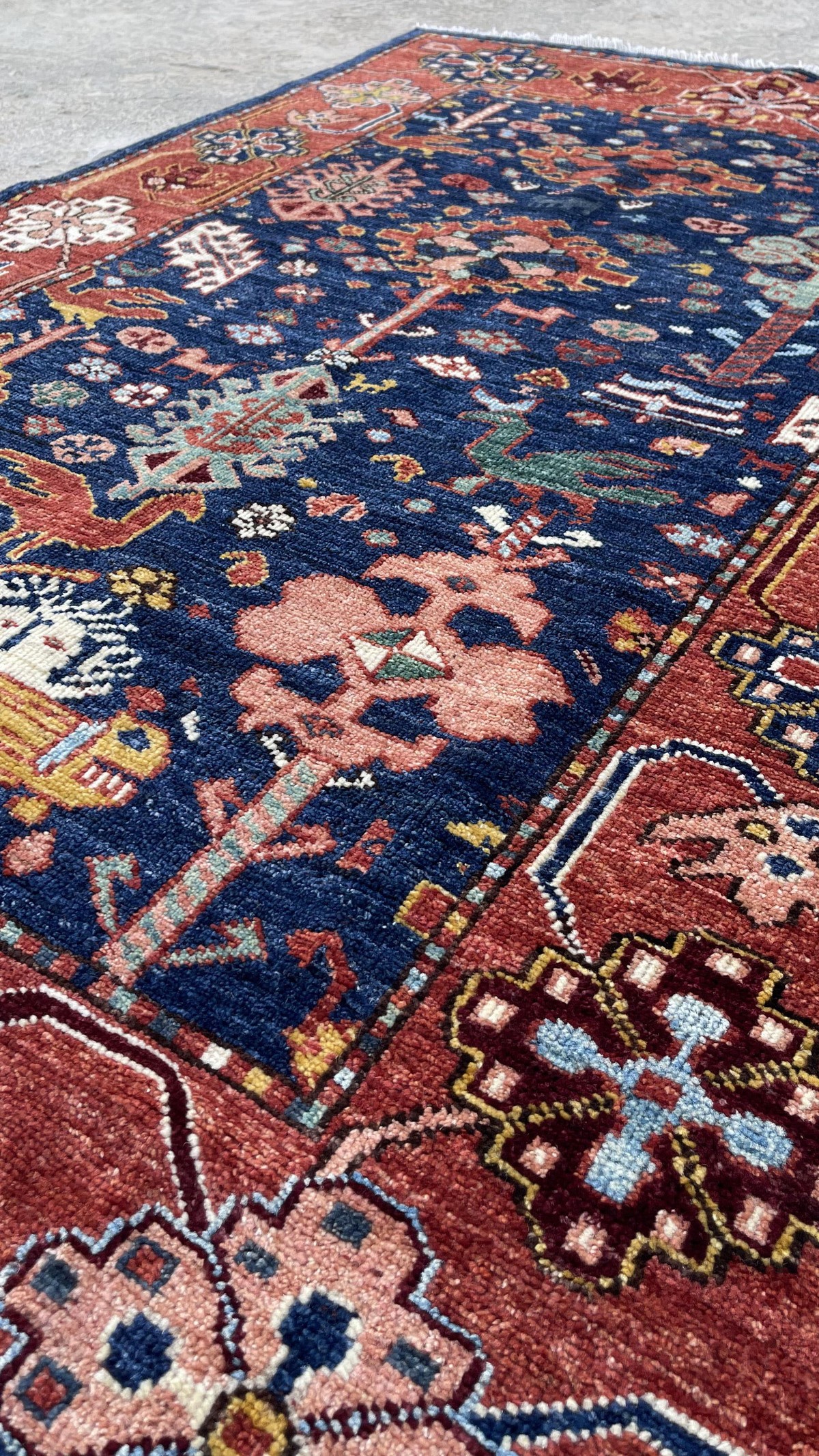 Bluish Red Animal Pictorial Afghan Handmade Carpet | Turkmen Weave Area Carpet 4.70 X 3.40 (ft) 2
