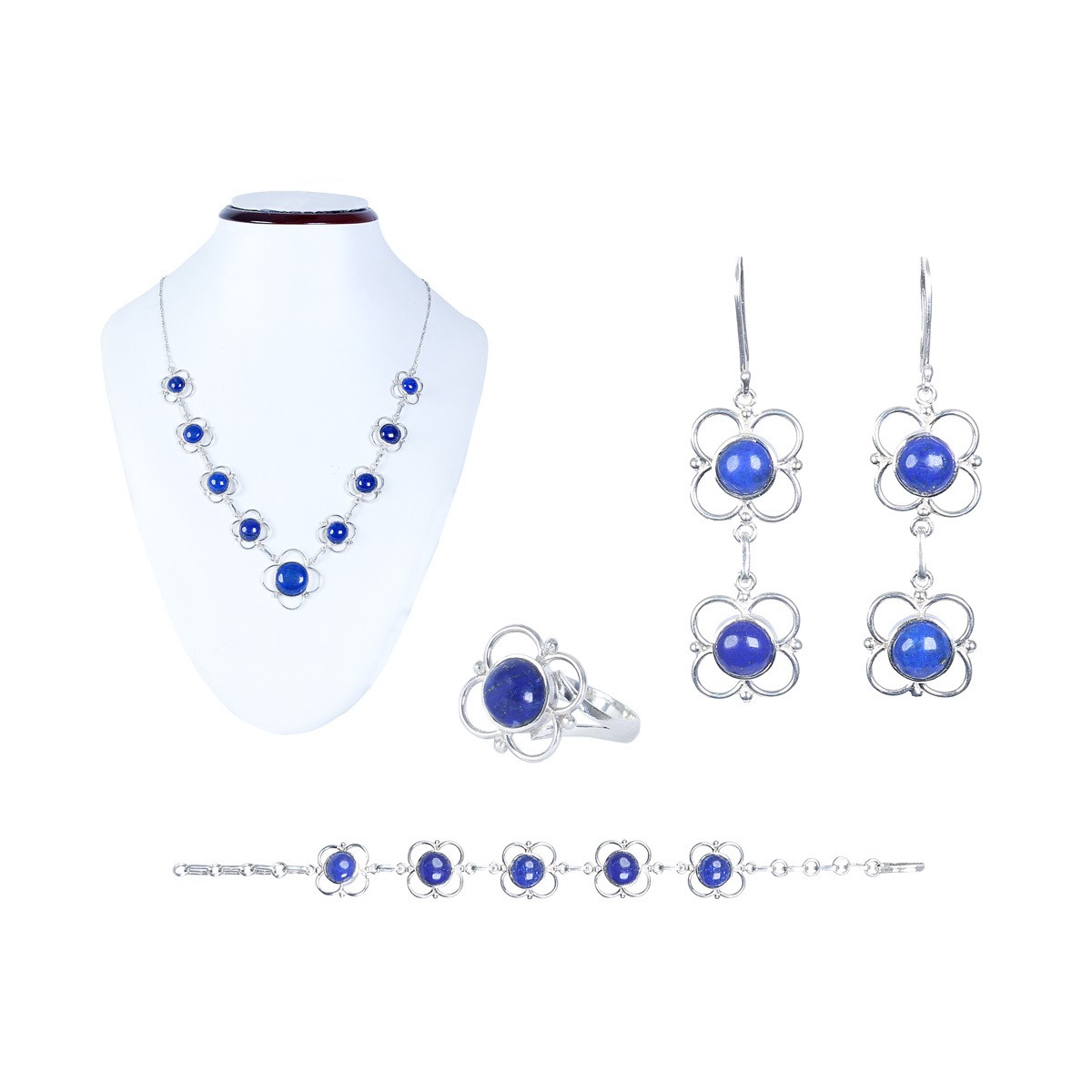Lapis Lazuli Silver Jewelry Set | Floral Necklace, Earrings, Ring, Bracelet  1