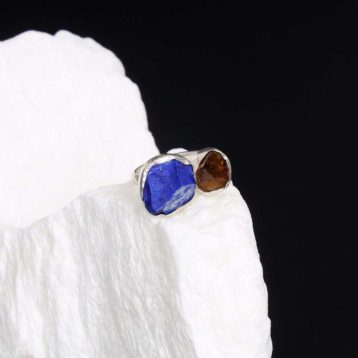 Lapis Lazuli & Scapular Stones Rough Cut Ring | 925 Silver Two-Stone Ring 2