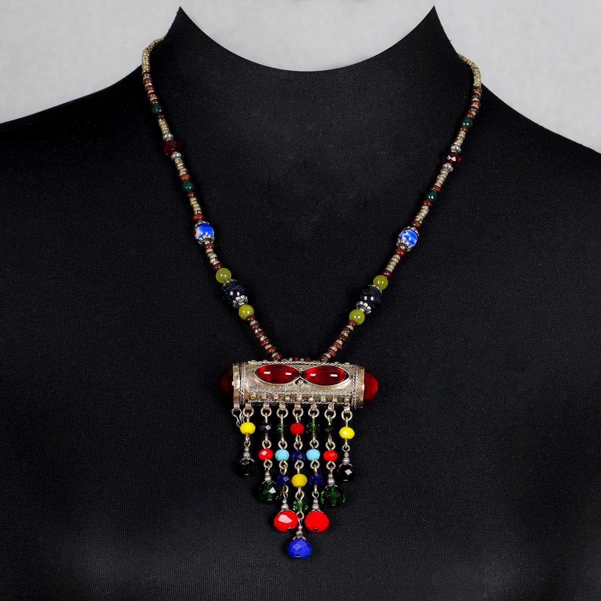 Tribal Afghan Beaded Drop Pendant | Gilt Metal Lariat Necklace 1