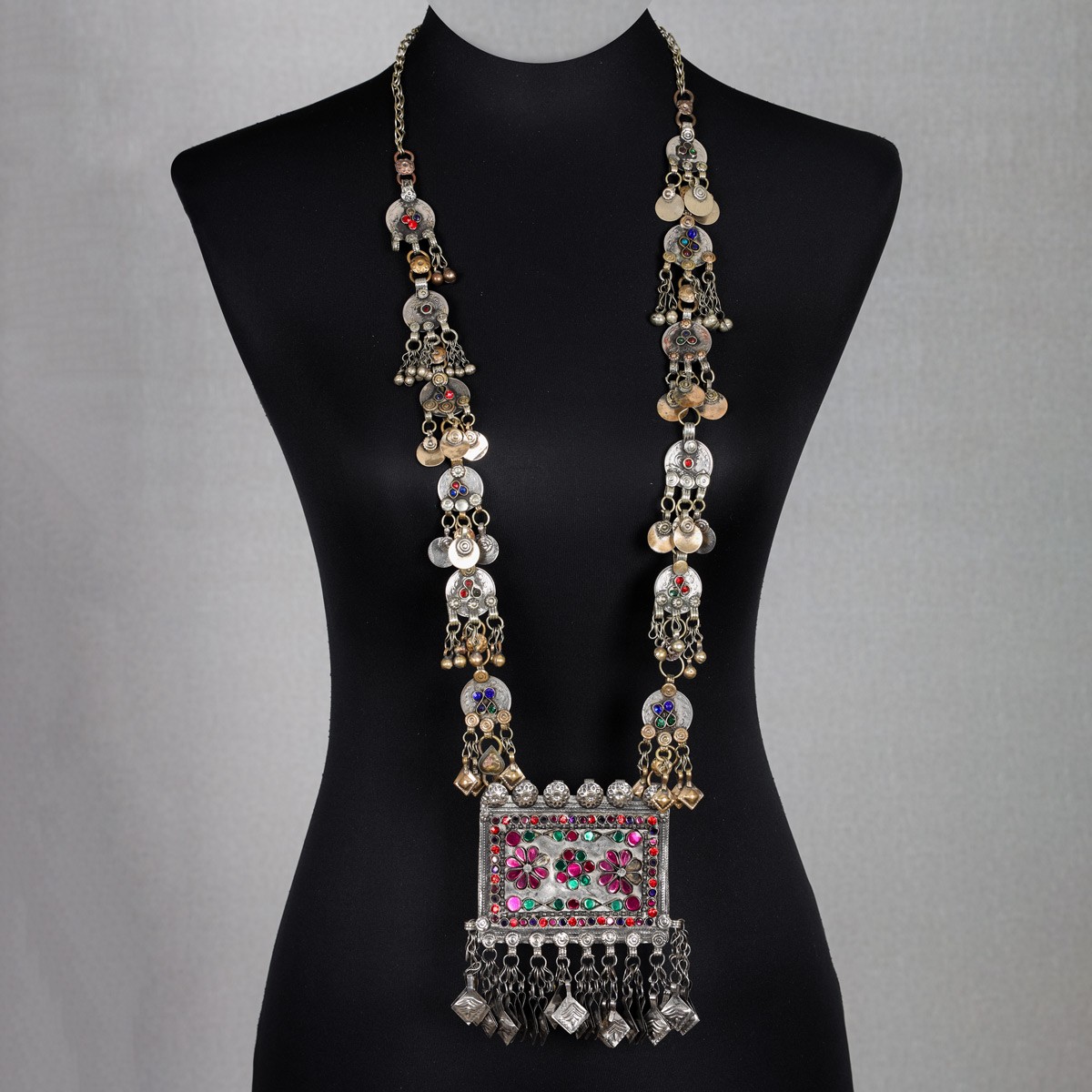 Kuchi Lariat Style Pendent | Gilt Metal Tribal Drop Necklace Vintage 1