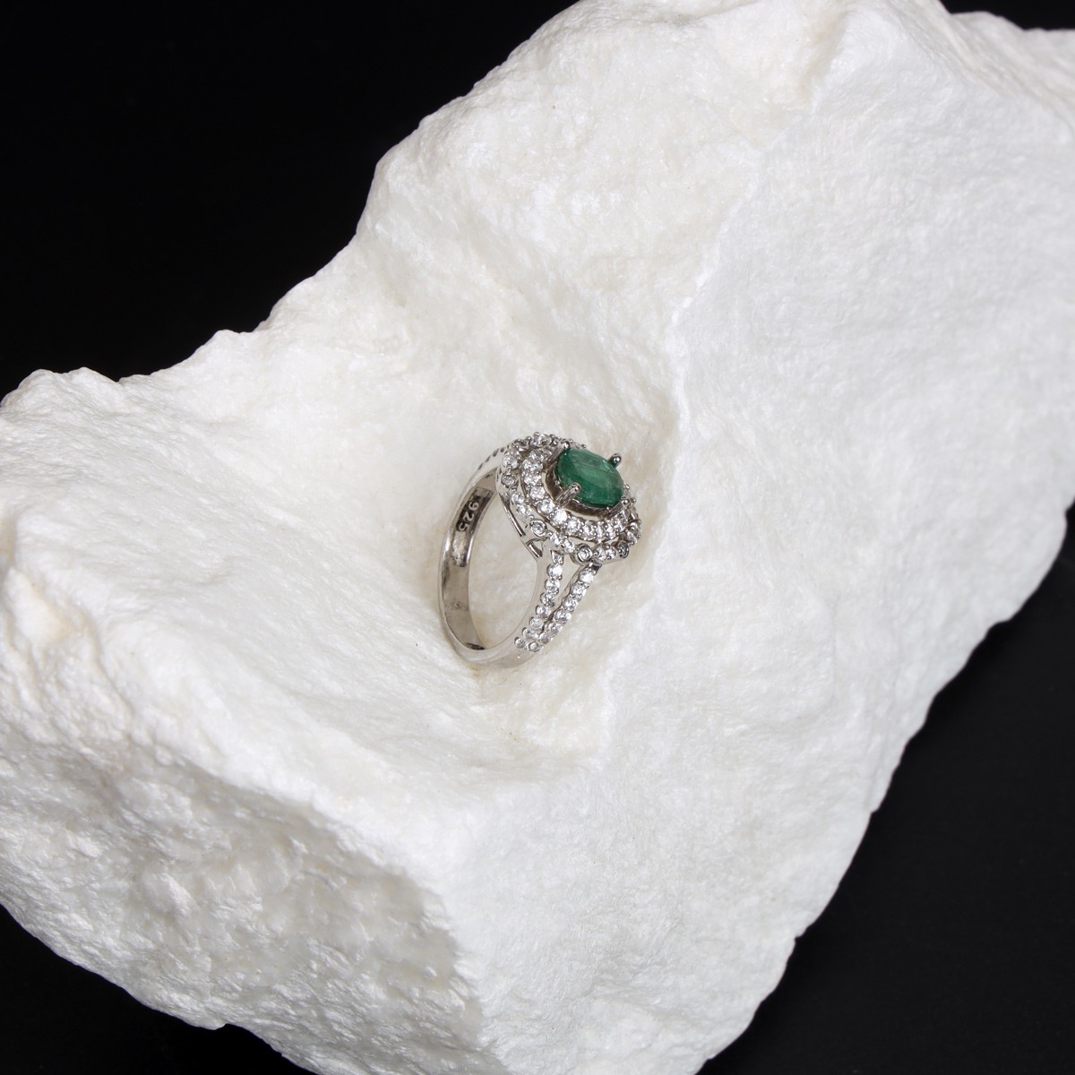 Green Emerald Pave Band Ring | Silver Channel Round Ring 3
