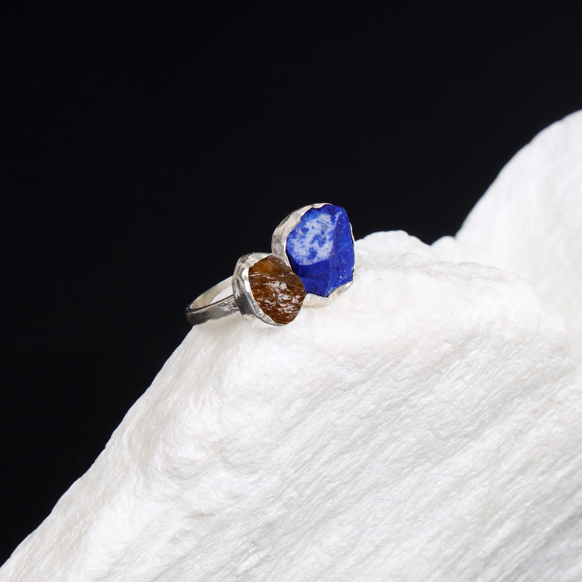 Lapis Lazuli & Scapular Stones Rough Cut Ring | 925 Silver Two-Stone Ring 3
