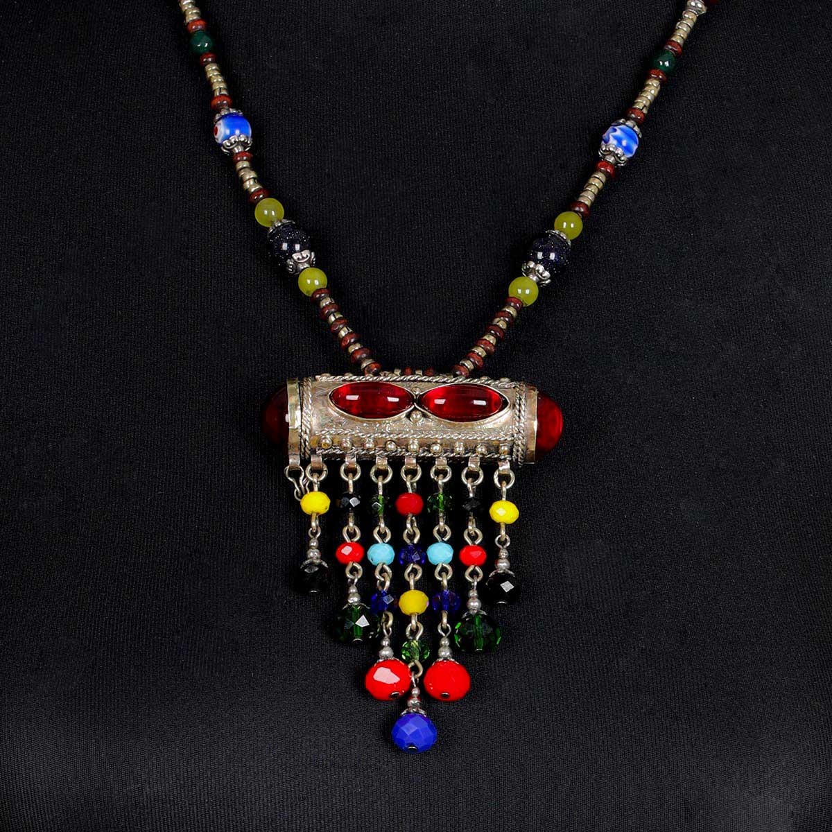 Tribal Afghan Beaded Drop Pendant | Gilt Metal Lariat Necklace 2