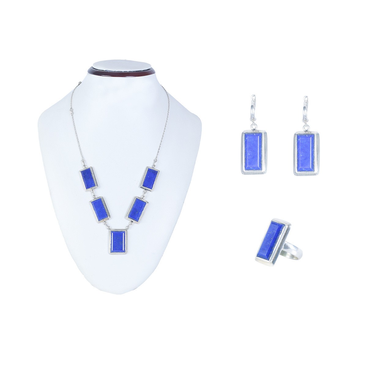 Lapis Rectangle Style Silver Jewelry Set | Lariat Necklace, Earrings, Ring 1