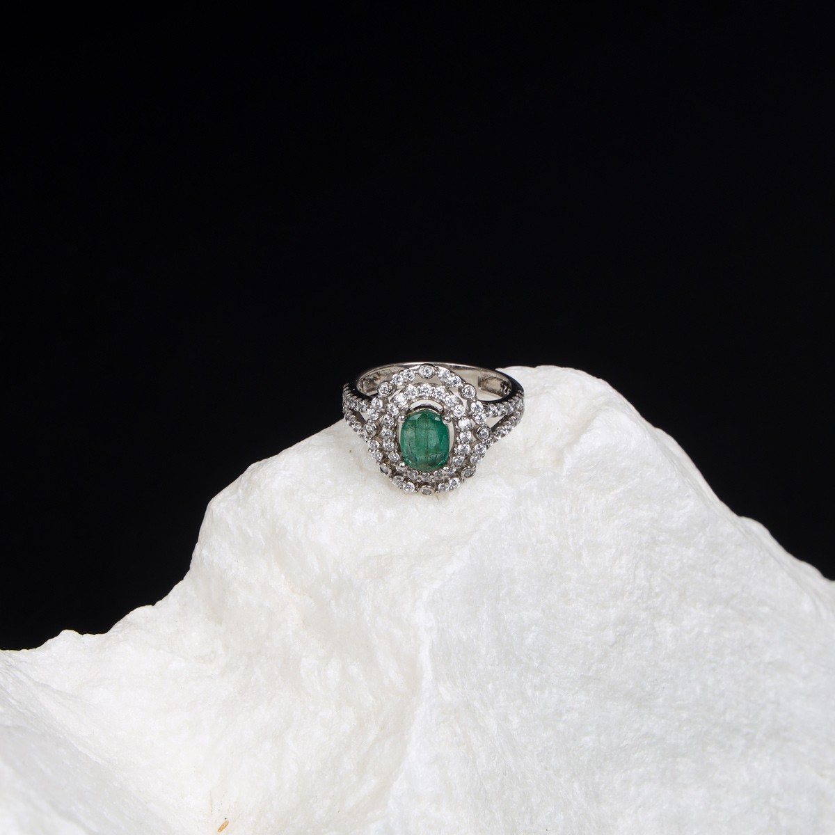 Green Emerald Pave Band Ring | Silver Channel Round Ring 4
