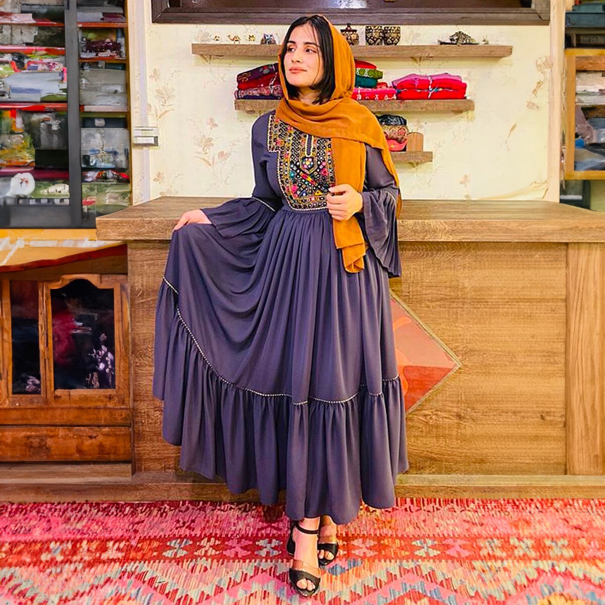 Crepe Prarie Skirt Long Dress | Gray Trumpet Sleeves Casual Wear Dress 2
