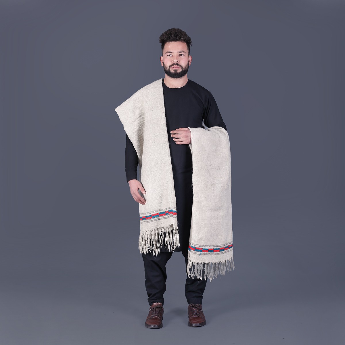 White Nuristani Wool Patu | Casual Wear Shawl with Striped Borders 1