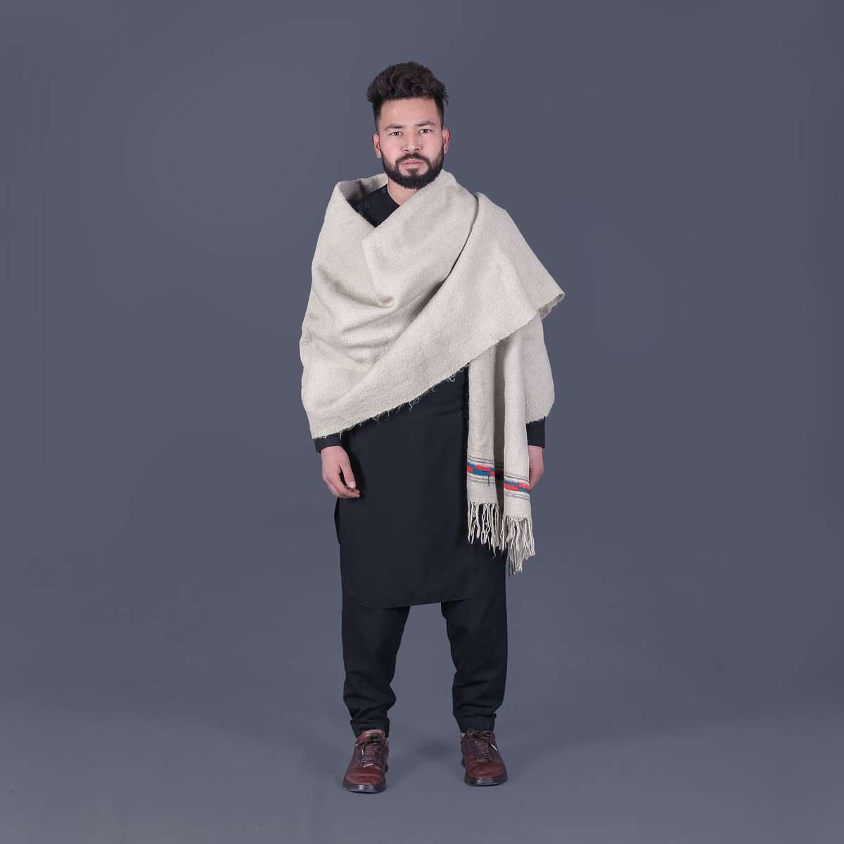 White Nuristani Wool Patu | Casual Wear Shawl with Striped Borders 2