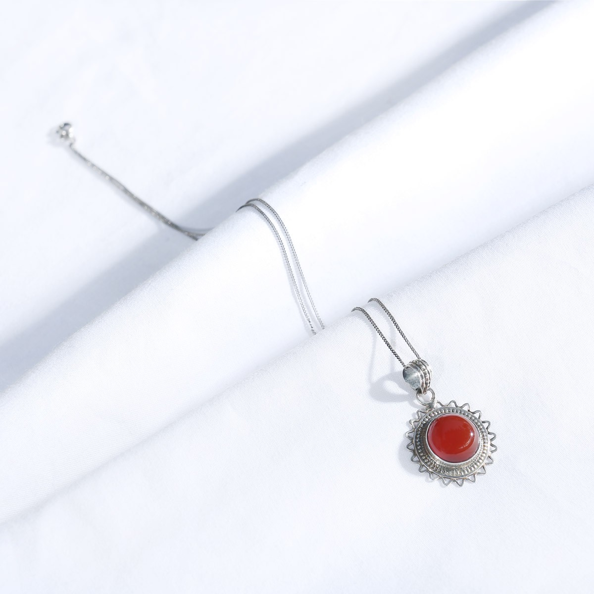 Red Agate Necklace | Drop Round Silver Pendant  1