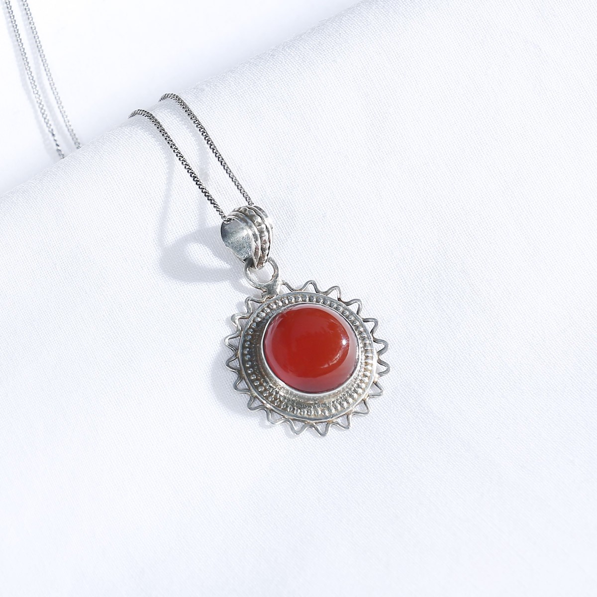 Red Agate Necklace | Drop Round Silver Pendant  2