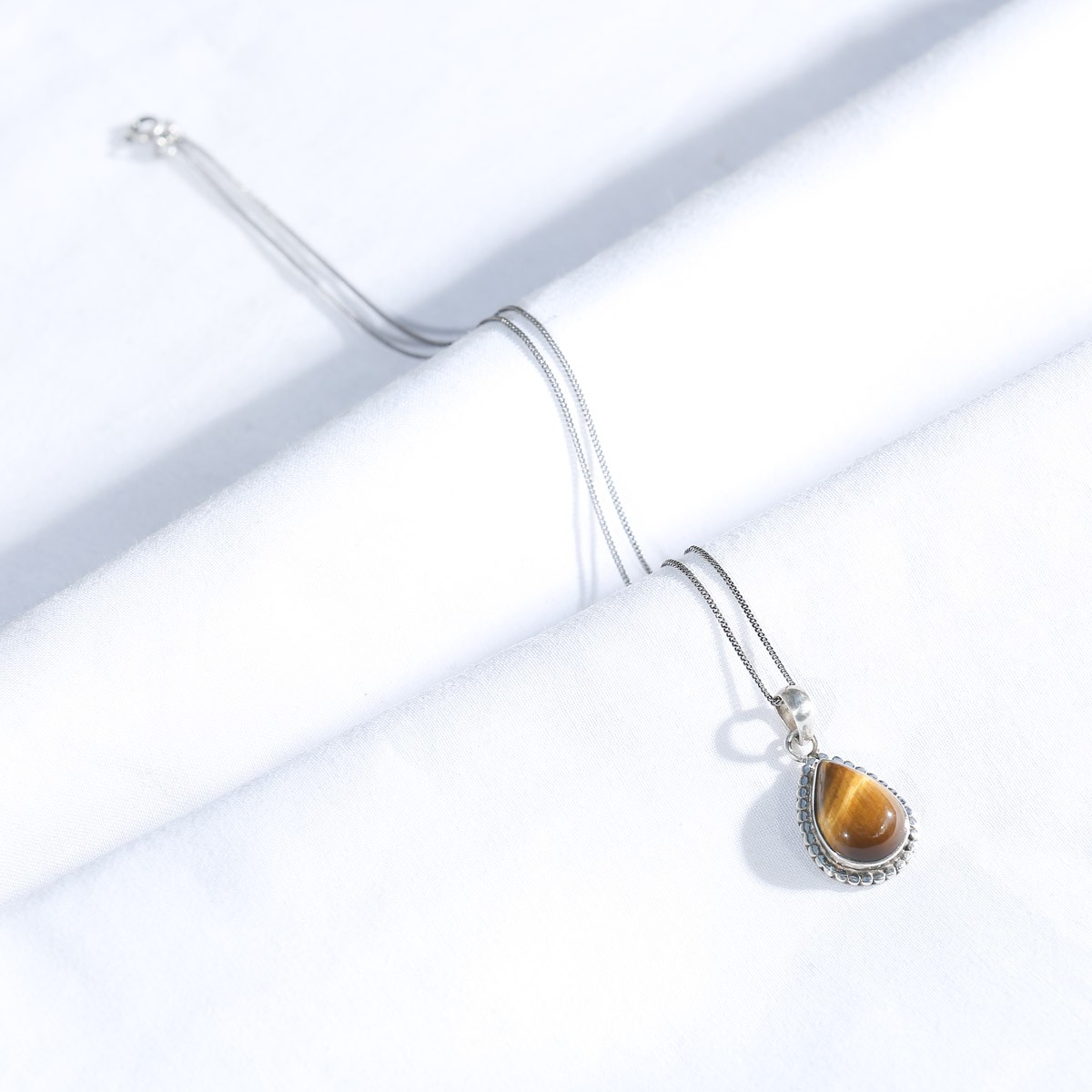 Tiger-eye Stone Necklace | Silver Pear Pendant  1