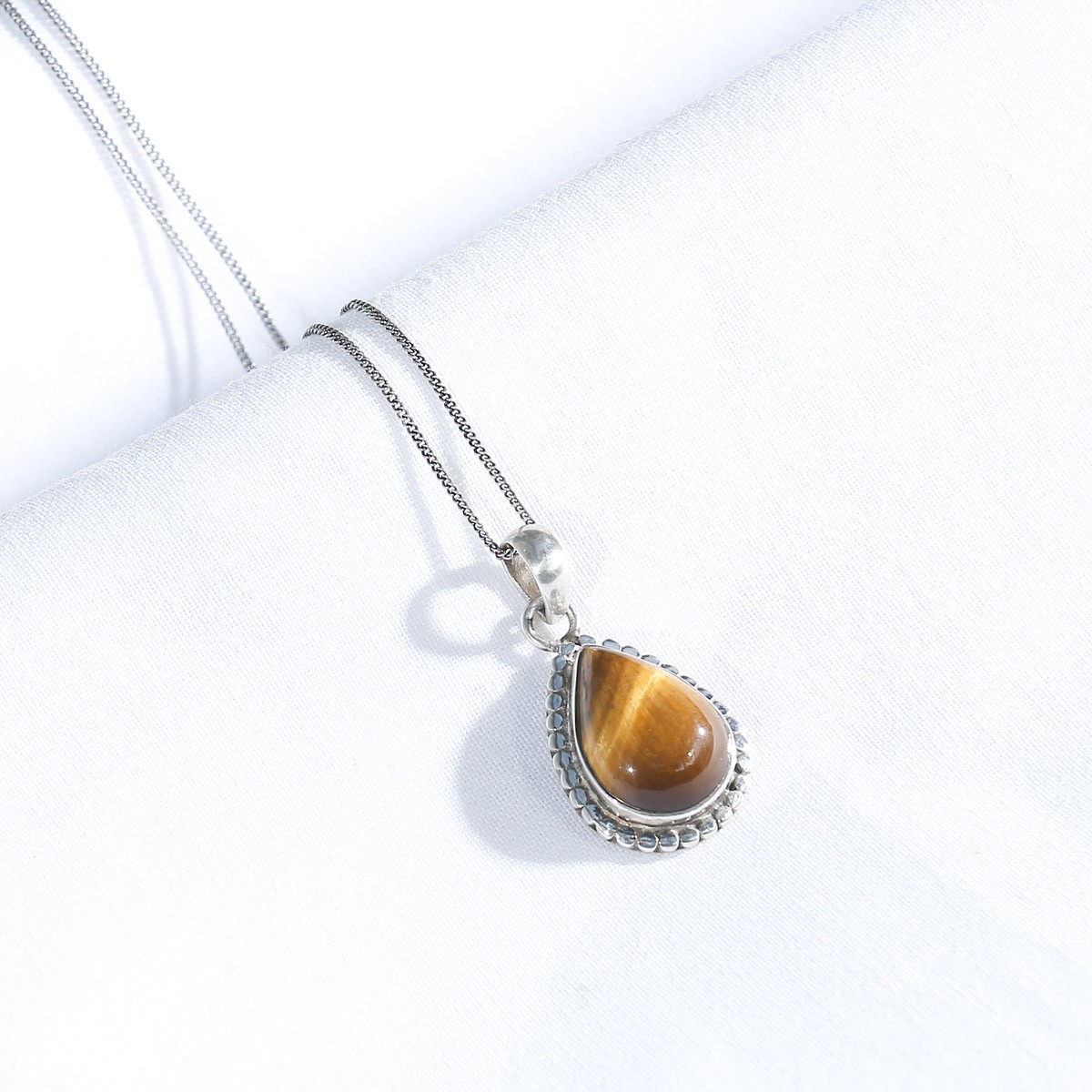 Tiger-eye Stone Necklace | Silver Pear Pendant  2