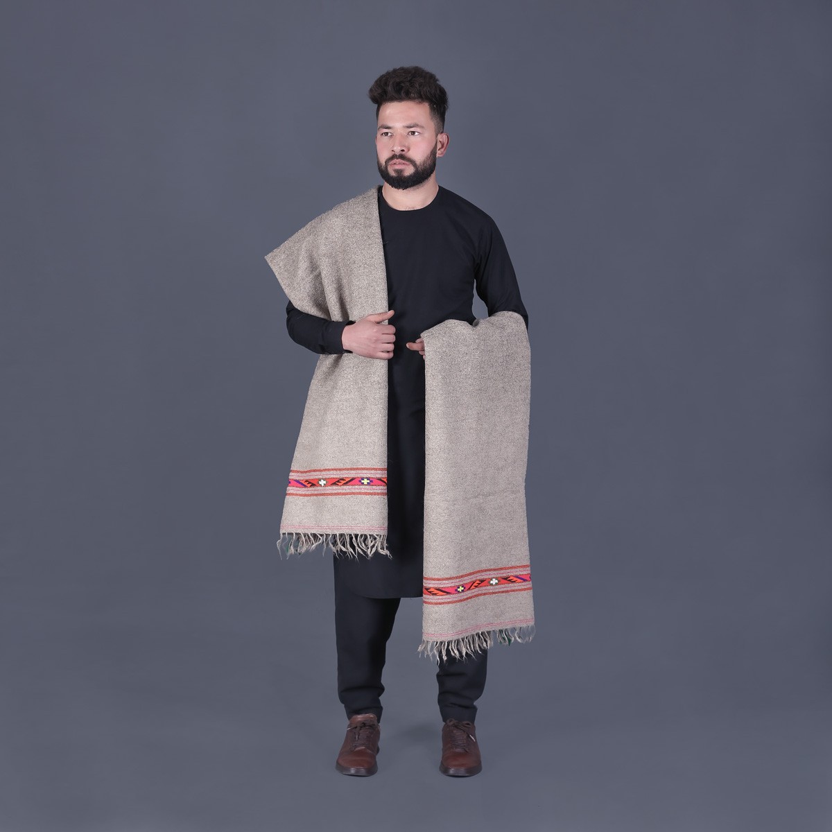 Brownish Cream Nuristani Wool Patu | Casual Wear Shawl with Striped Borders 1