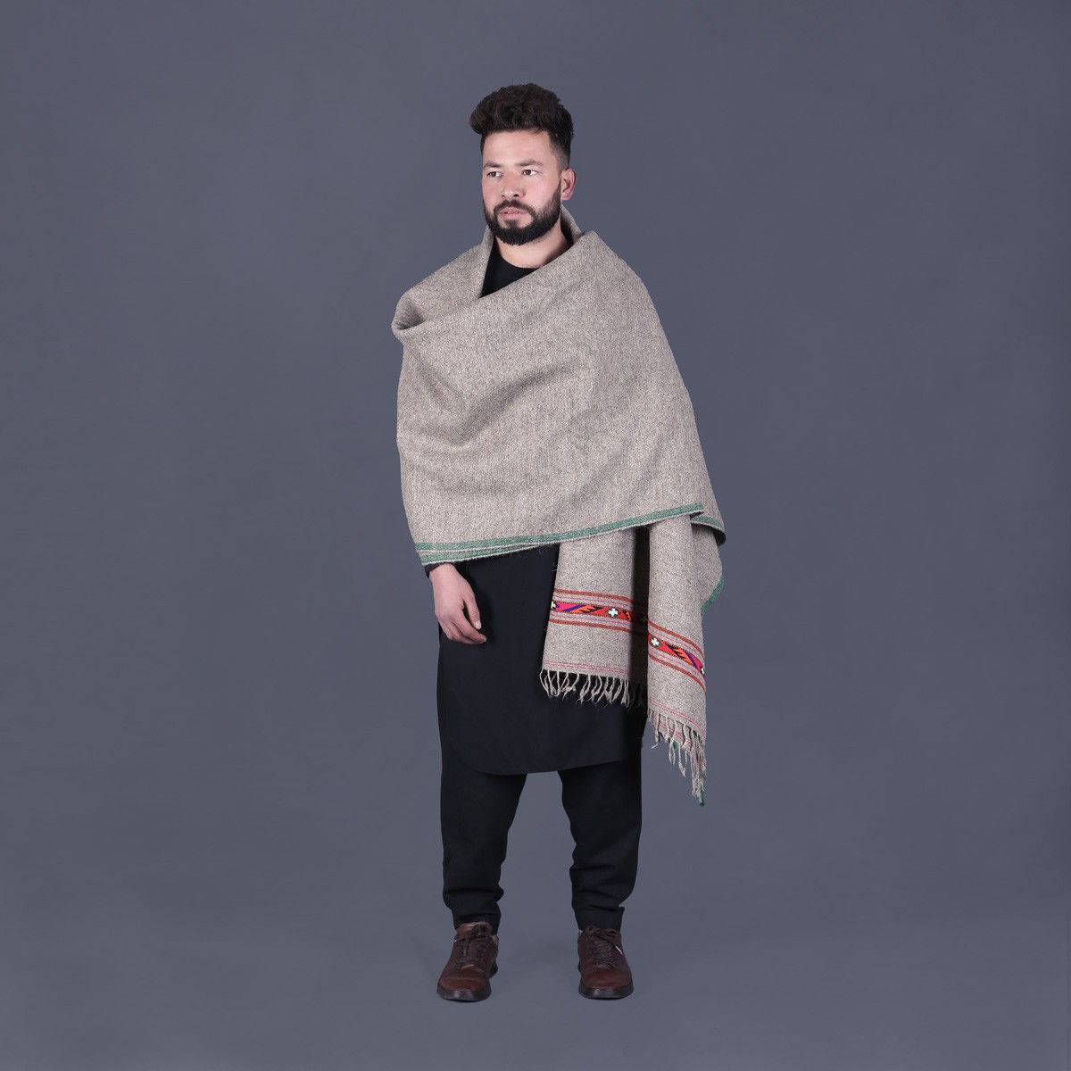 Brownish Cream Nuristani Wool Patu | Casual Wear Shawl with Striped Borders 2