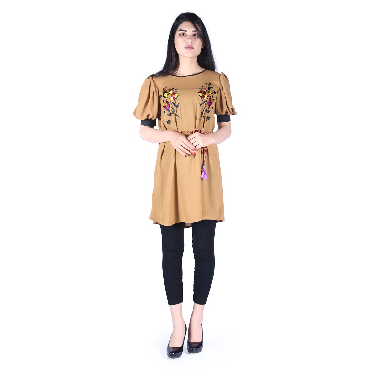 Brown Floral Embroidered Short Frock | Georgette Open Puff Sleeves Casual Wear Dress 1