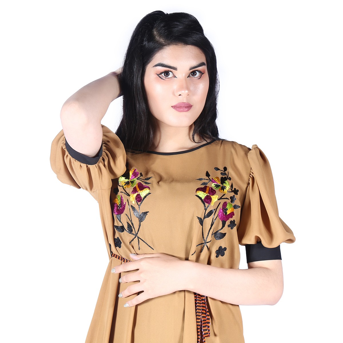 Brown Floral Embroidered Short Frock | Georgette Open Puff Sleeves Casual Wear Dress 2