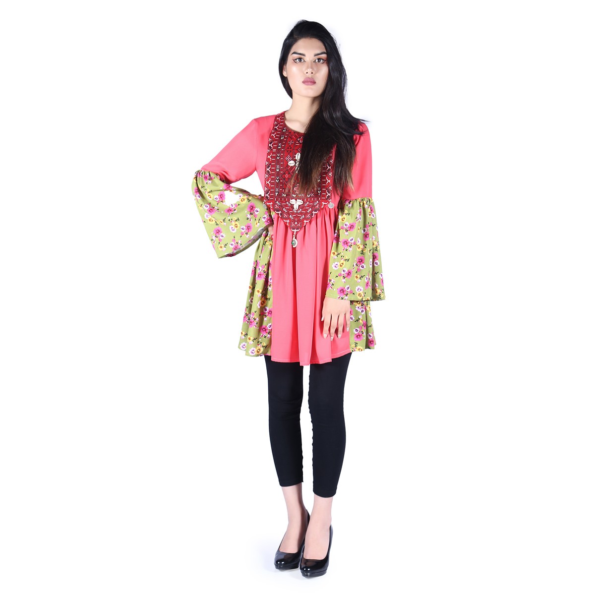Pink Balochi Embroidered Short Frock | Cotton Bell Sleeves Casual Wear Frock 1