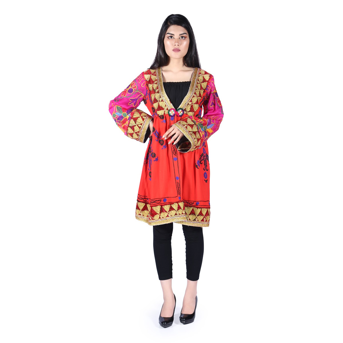 Red Floral & Cherma Embroidered Dress | Cotton Bell Sleeves Short Dress 1
