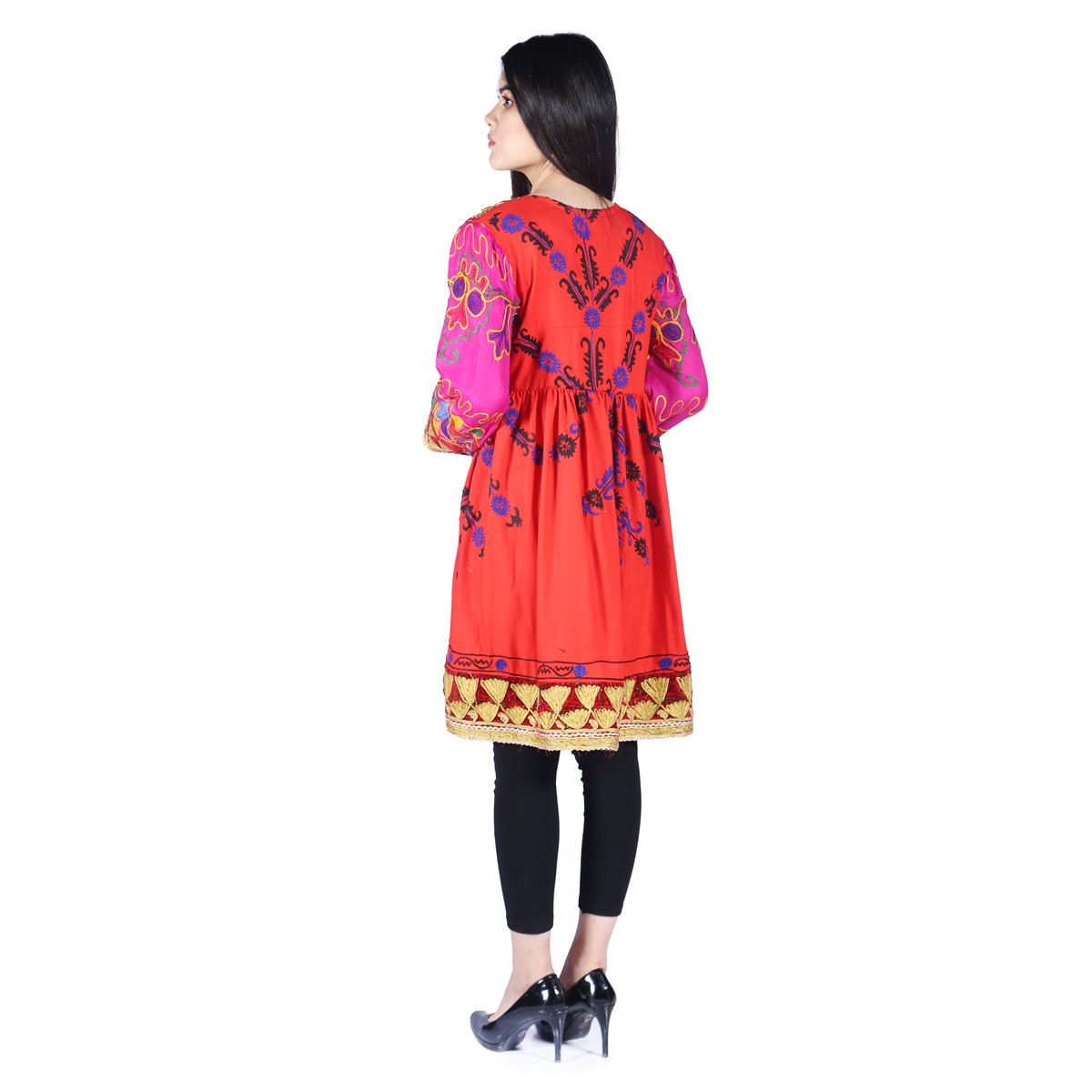 Red Floral & Cherma Embroidered Dress | Cotton Bell Sleeves Short Dress 3