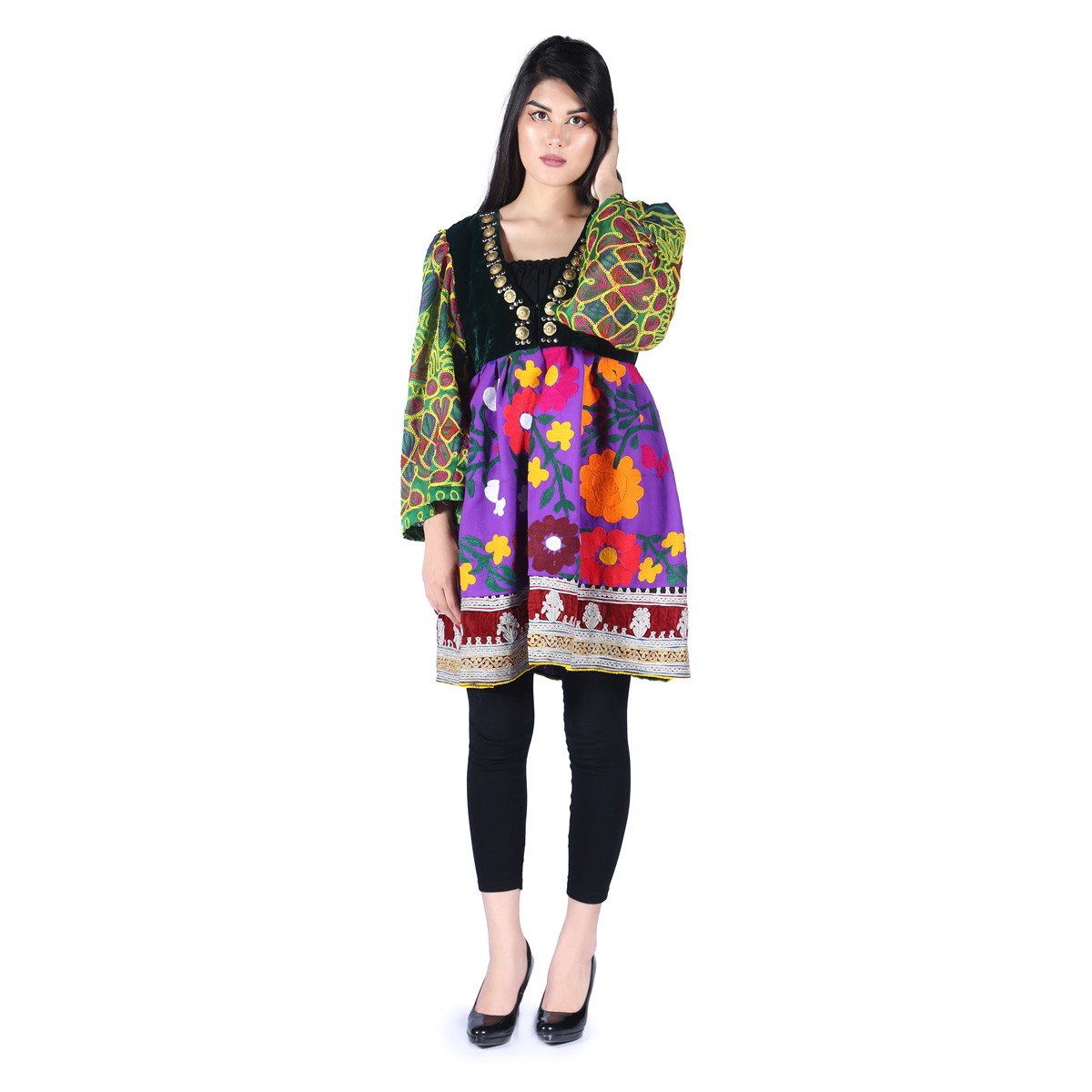 Colorful Floral Stitched Pleated Frock | Bell Sleeves Short Party Wear Frock 1