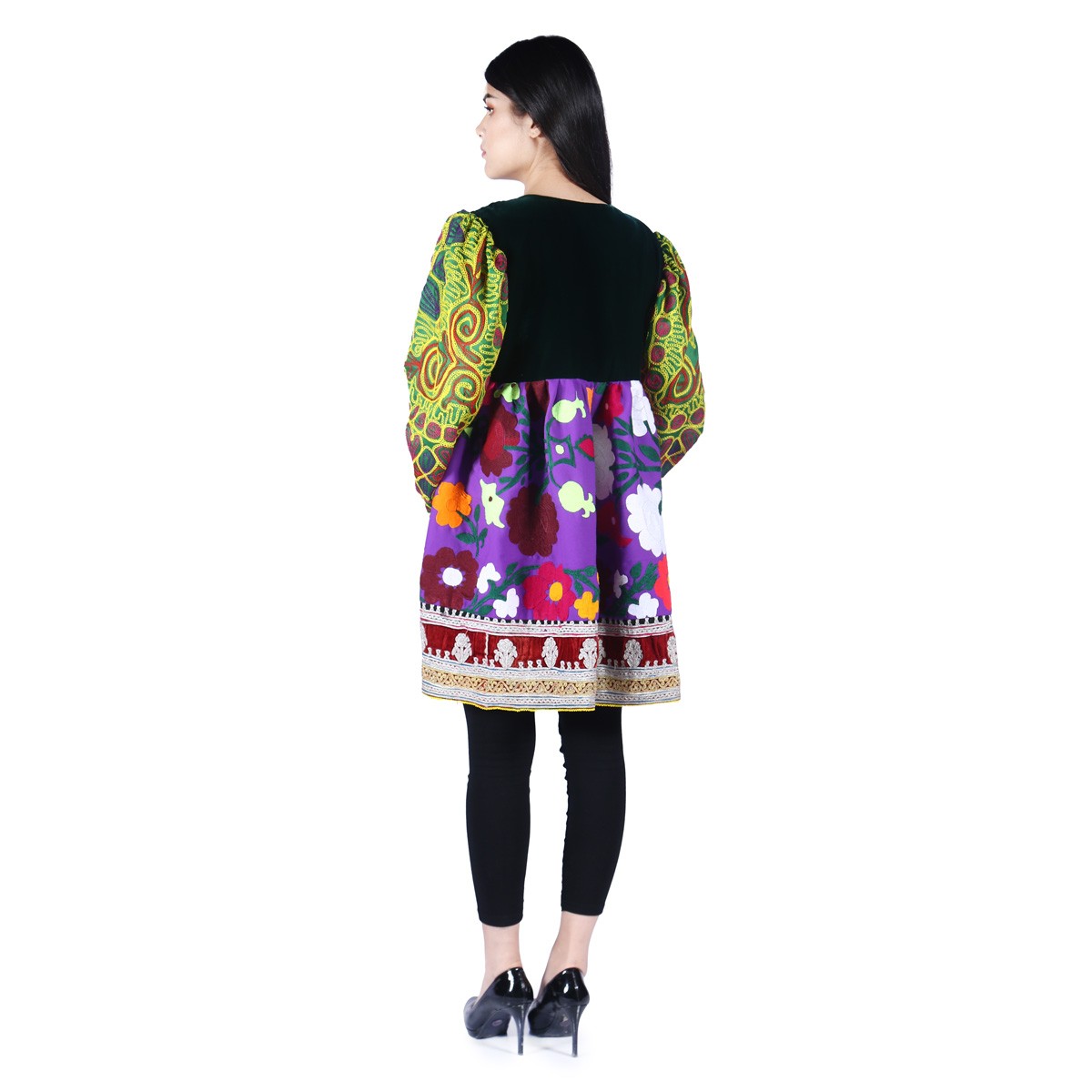 Colorful Floral Stitched Pleated Frock | Bell Sleeves Short Party Wear Frock 3