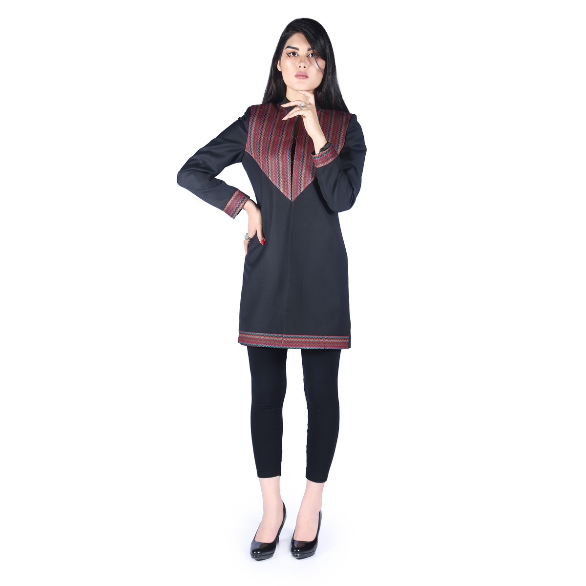 Black Traditional Embroidered Plain Dress | Cuff Sleeves Casual Wear Dress 1