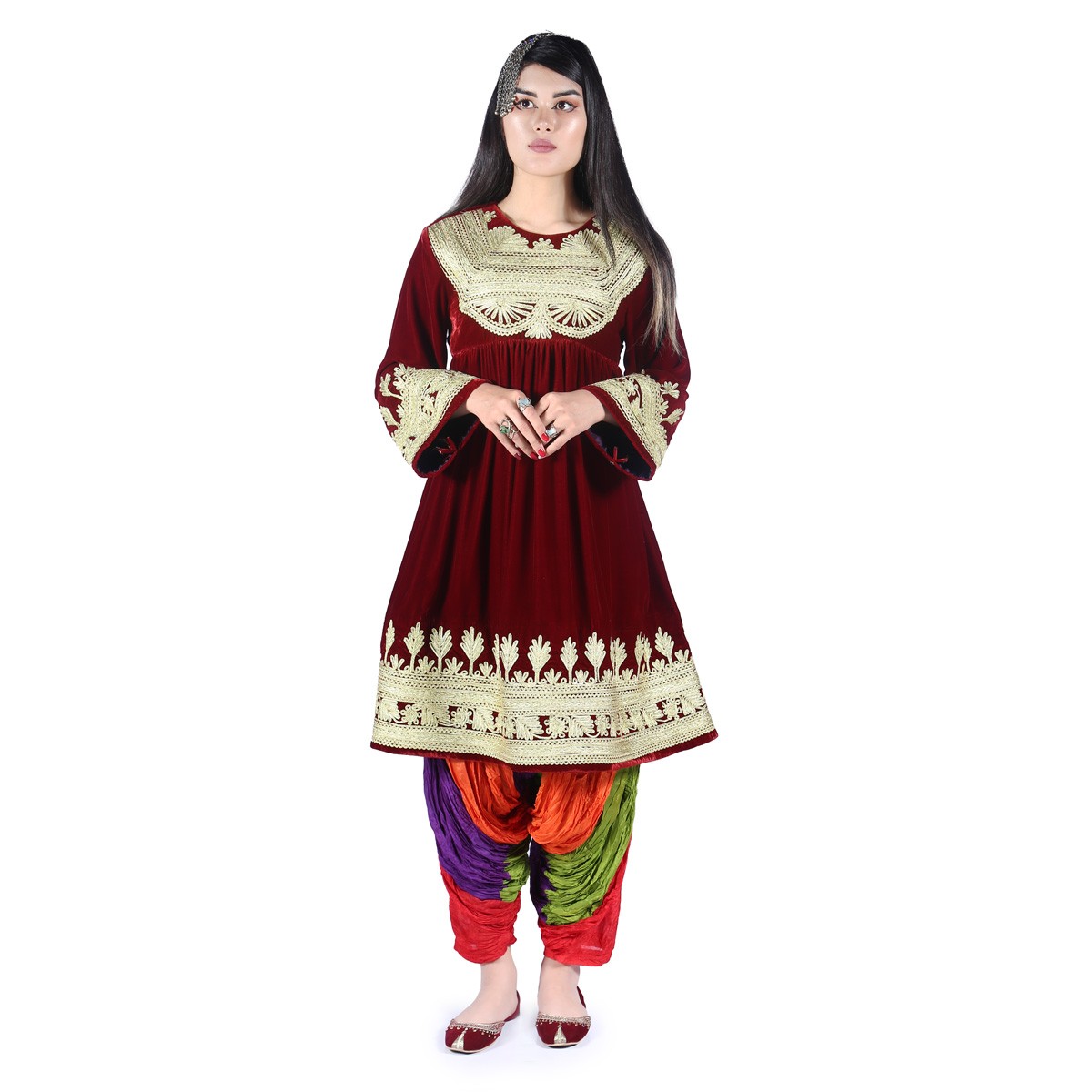 Maroon Cherma Embroidered Fancy Frock | Velvet Bell Sleeves Gande Afghani 1