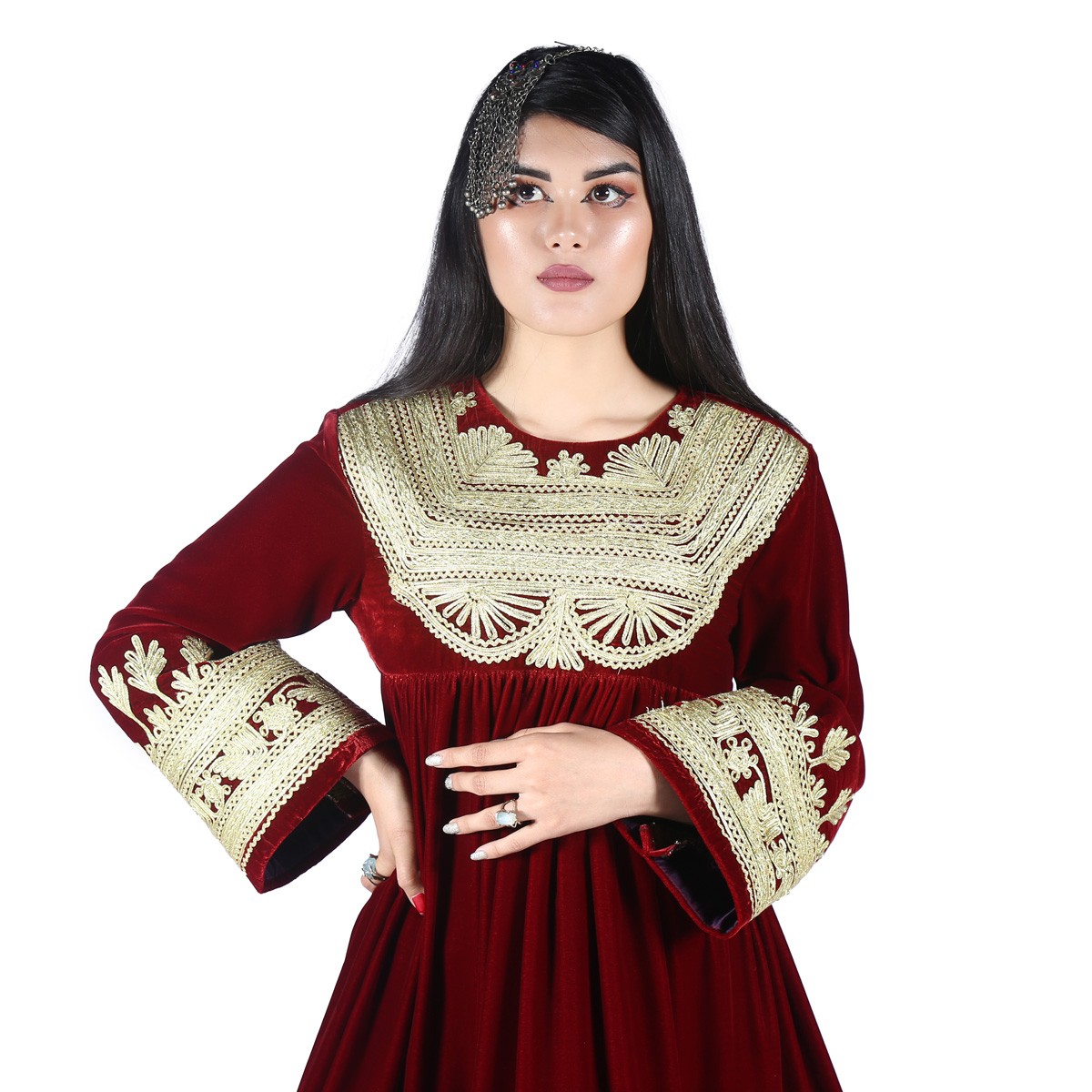Maroon Cherma Embroidered Fancy Frock | Velvet Bell Sleeves Gande Afghani 2
