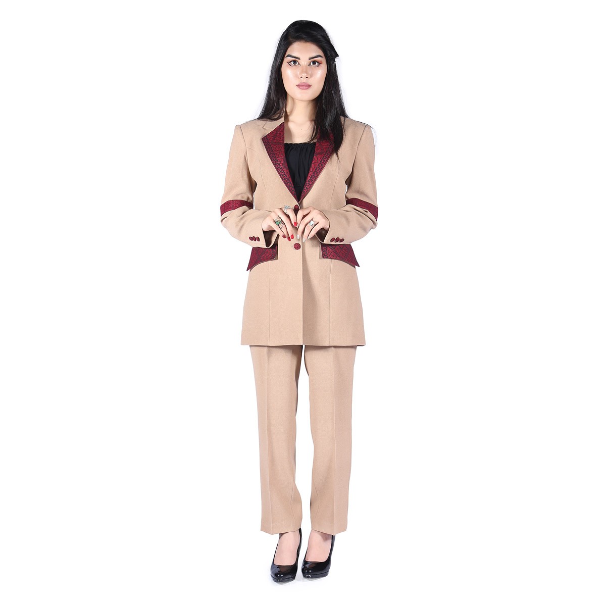 Cream Cross Stitch Embroidered Suit | Crepe Formal Wear Women's Suit 1