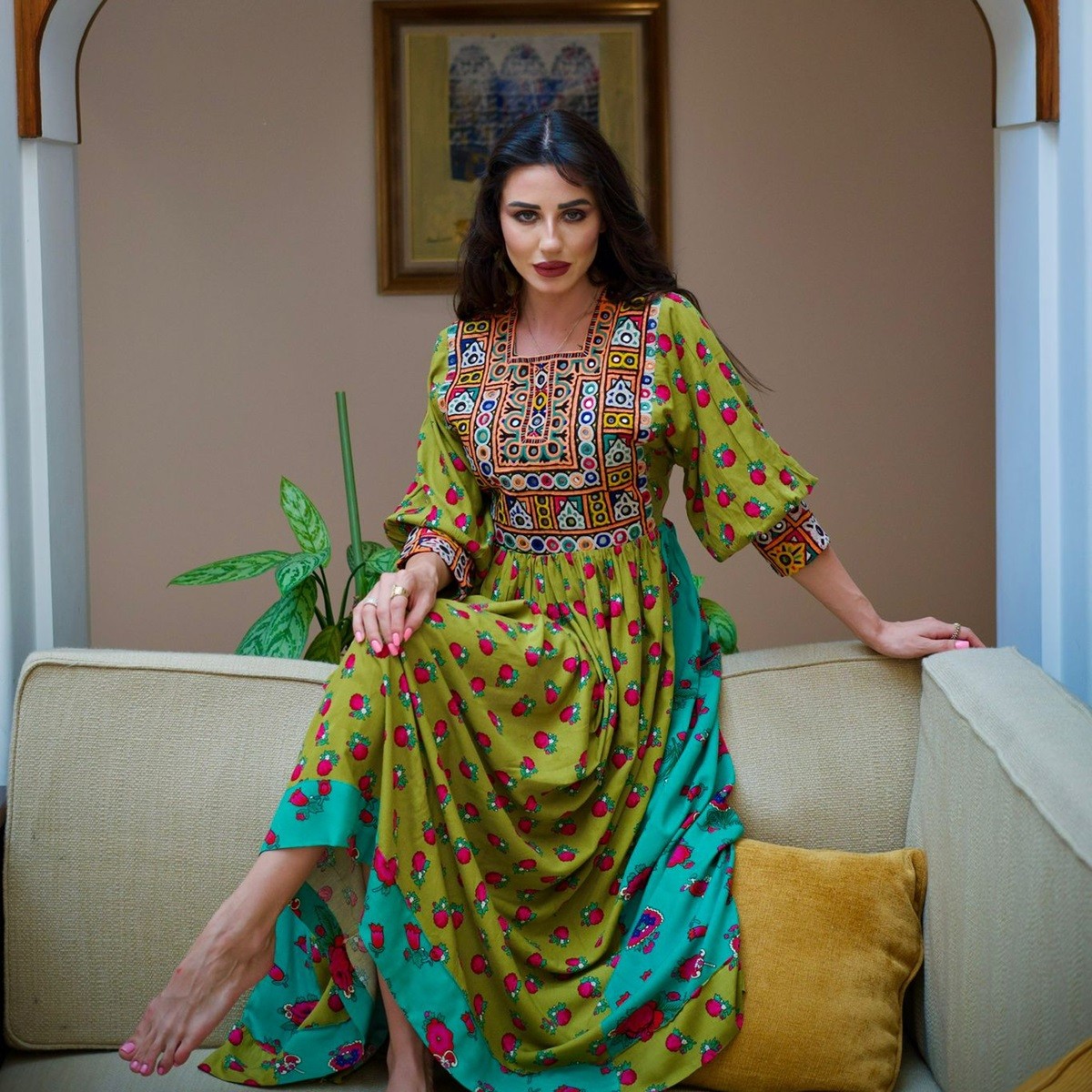Vintage Embroidery Gulaisaib Fabric Olive Dress 5
