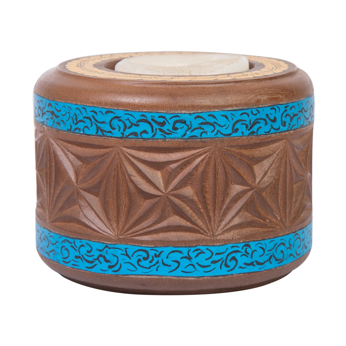 Walnut Wood Candle Holder | Round Blue Painted Candle Stand  1