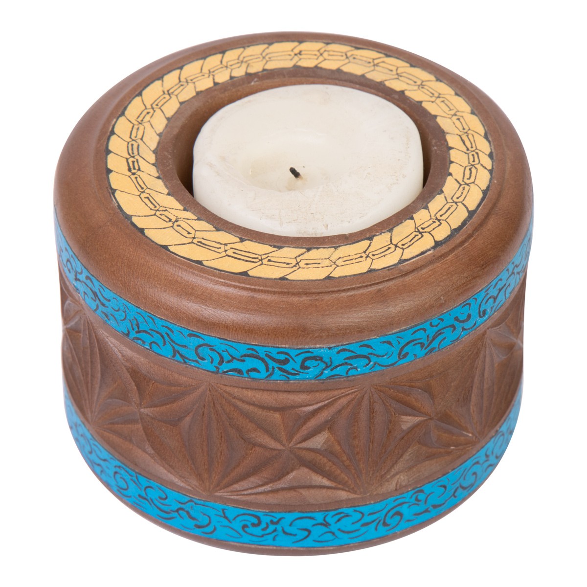 Walnut Wood Candle Holder | Round Blue Painted Candle Stand  2