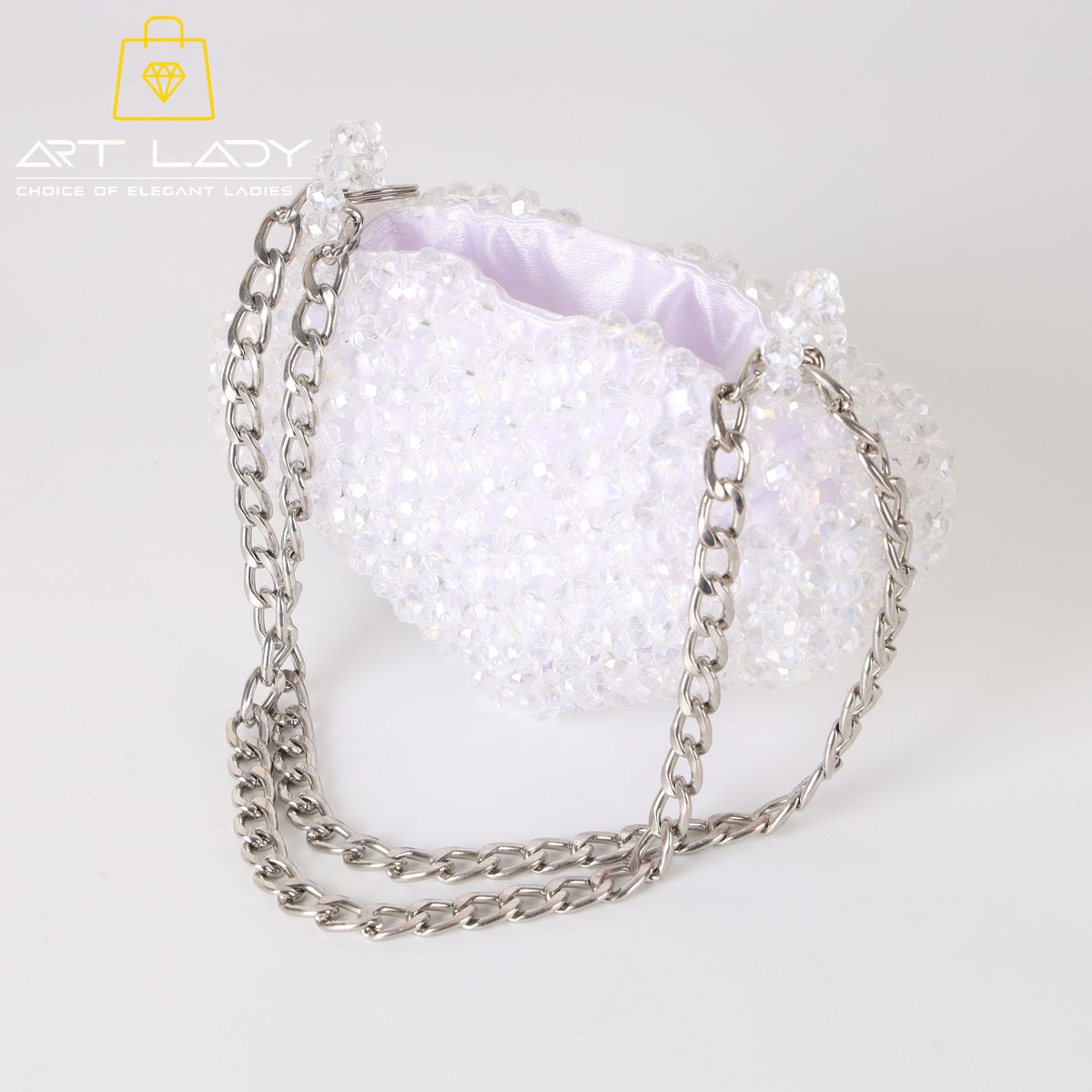 White Crystal Beaded Chain Pouch Bag 1