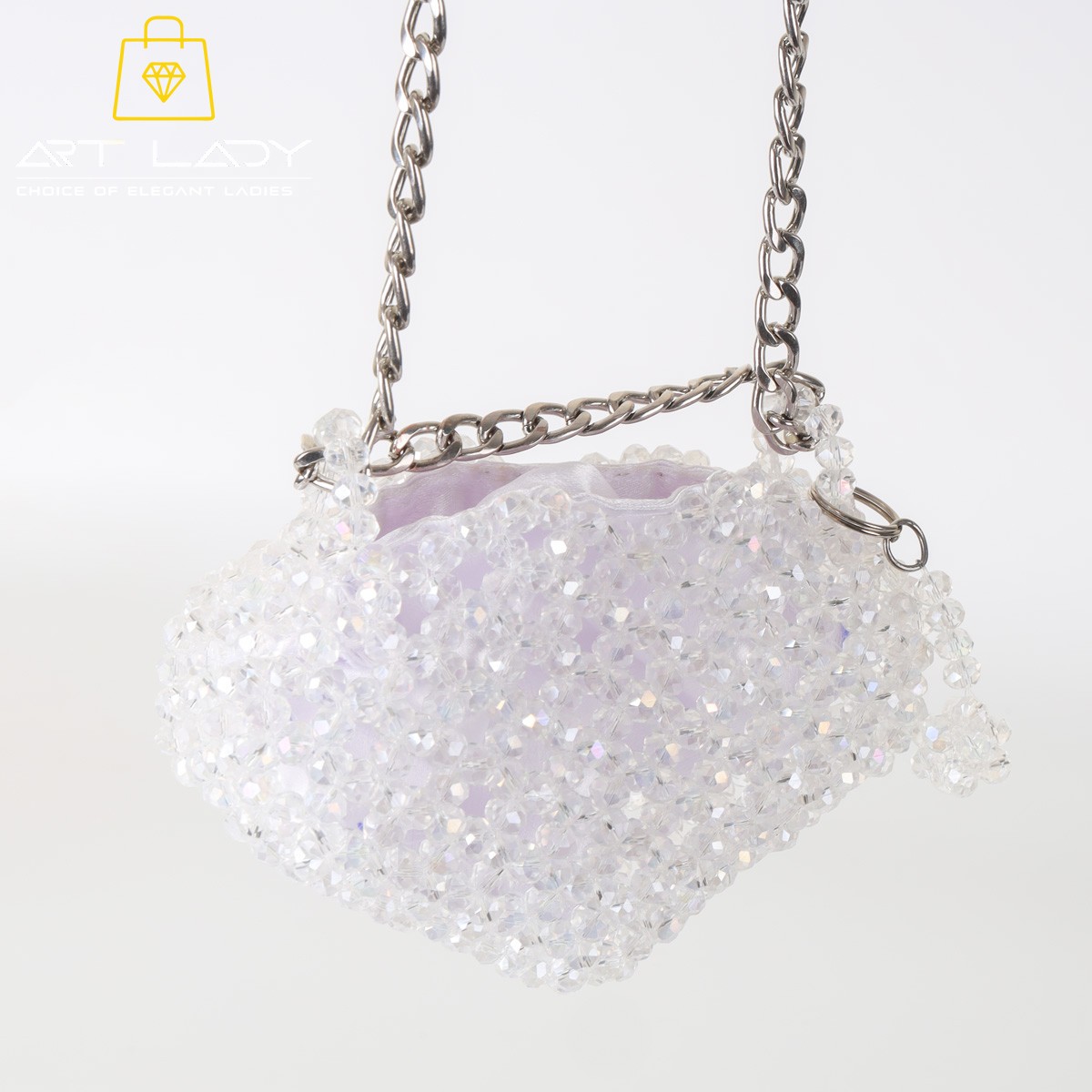 White Crystal Beaded Chain Pouch Bag 3