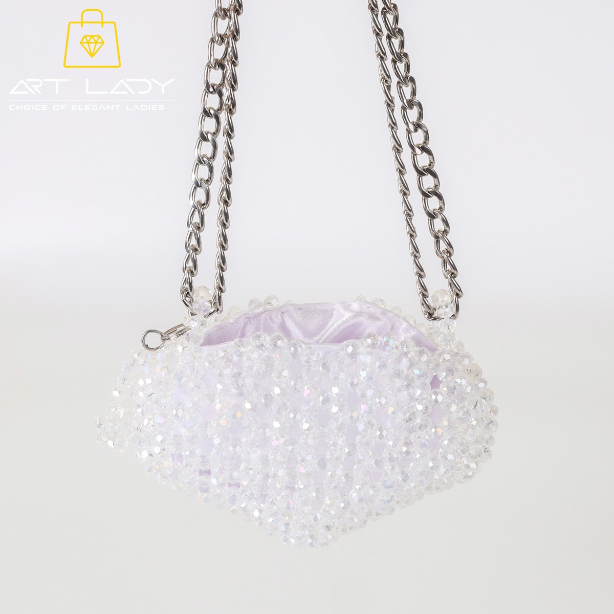 White Crystal Beaded Chain Pouch Bag 4