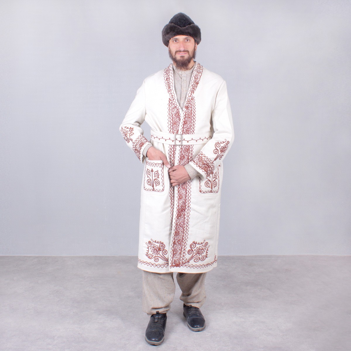 White Hand Embroidered Afghan Tribal Chapan | Nuristani Woolen Winter Chapan 2