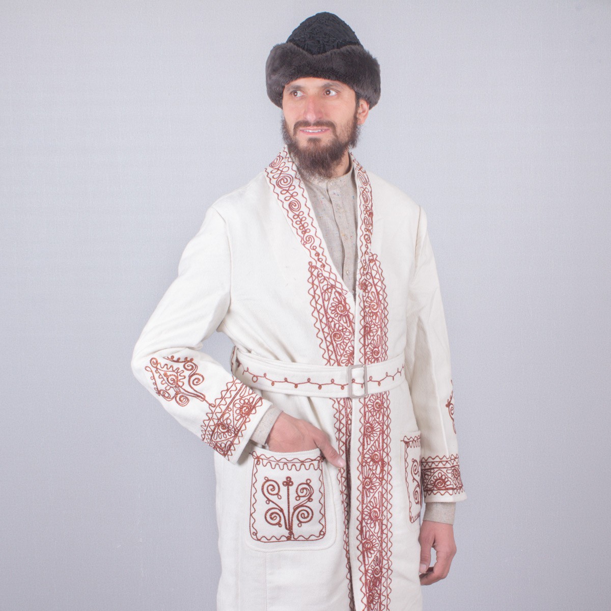 White Hand Embroidered Afghan Tribal Chapan | Nuristani Woolen Winter Chapan 1