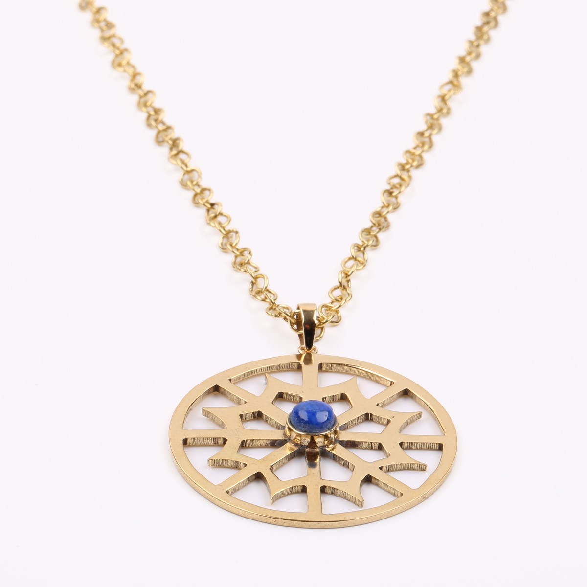 Lapis Gold Plated Necklace | Brass Lattice Pendant Necklace 3