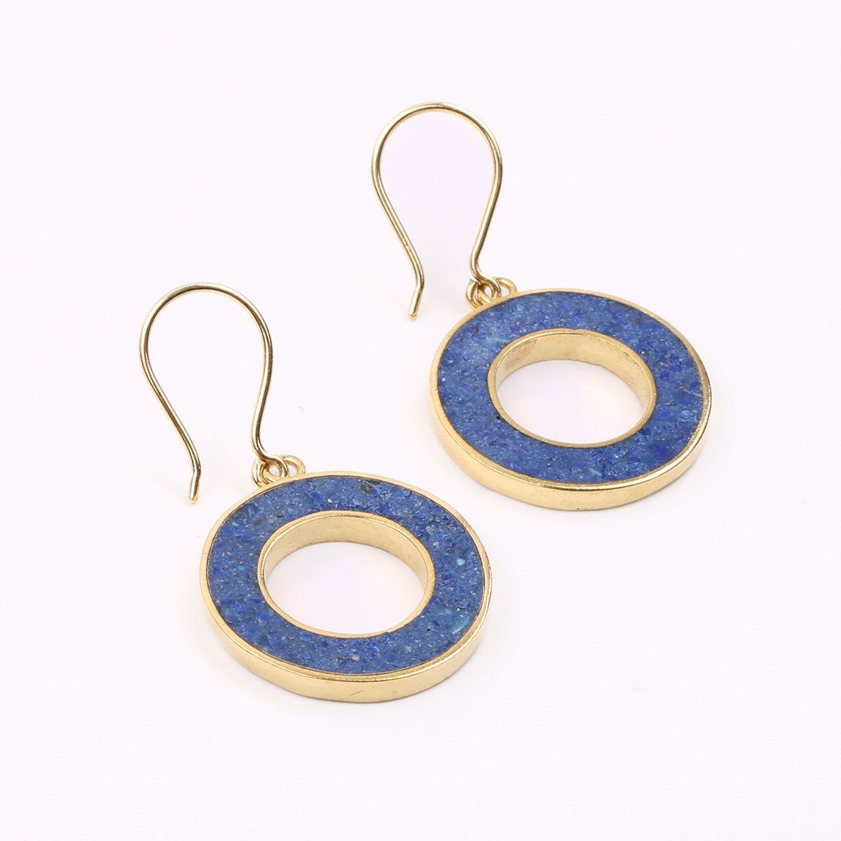 Blue Lapis Lazuli Gold Plated Earrings | Brass Wire Hook Round Earrings 2