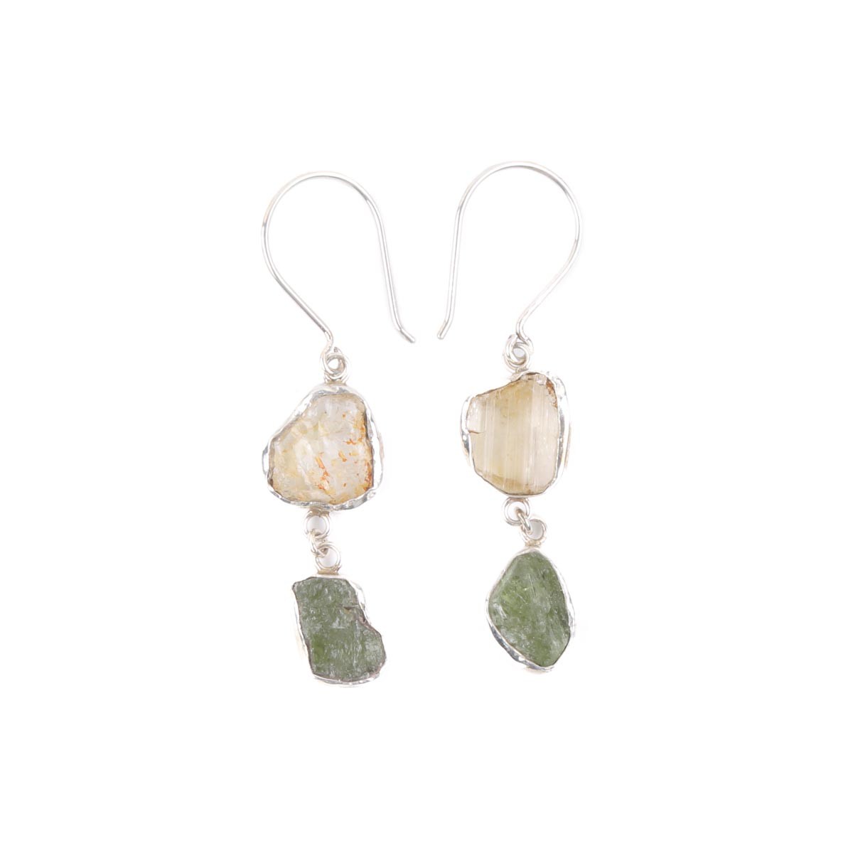 Rough Kunzite and Peridot Earrings | Silver Hook Earrings 1