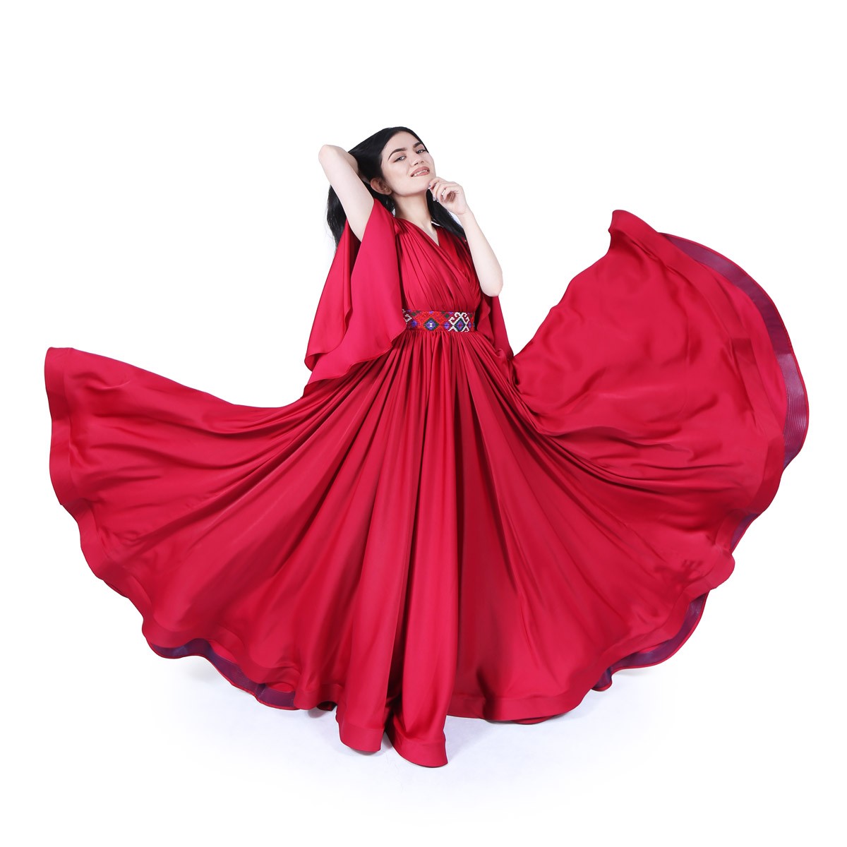 Red Sunray Pleated Party Dress | Silk Flared Sleeve Frock 2