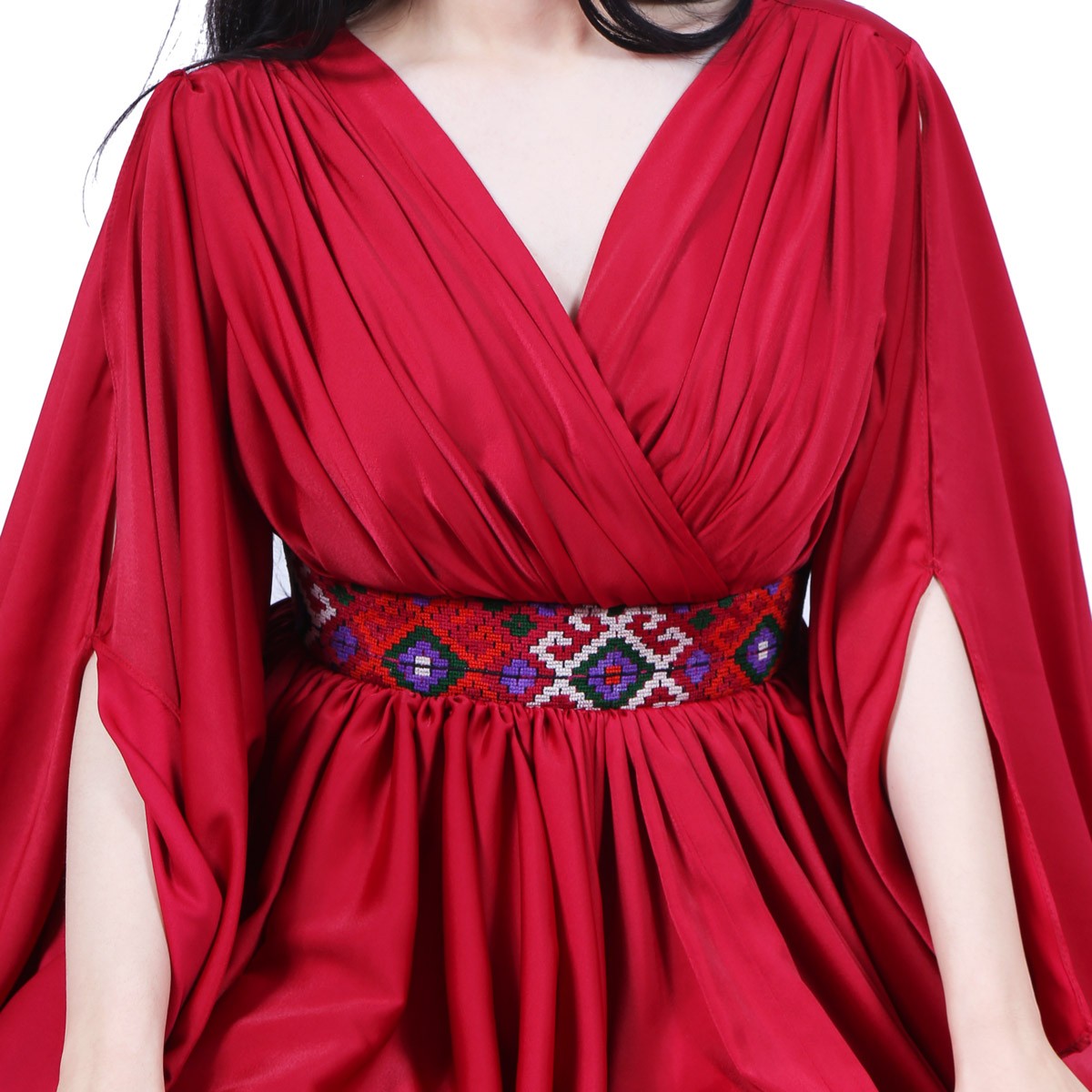Red Sunray Pleated Party Dress | Silk Flared Sleeve Frock 3