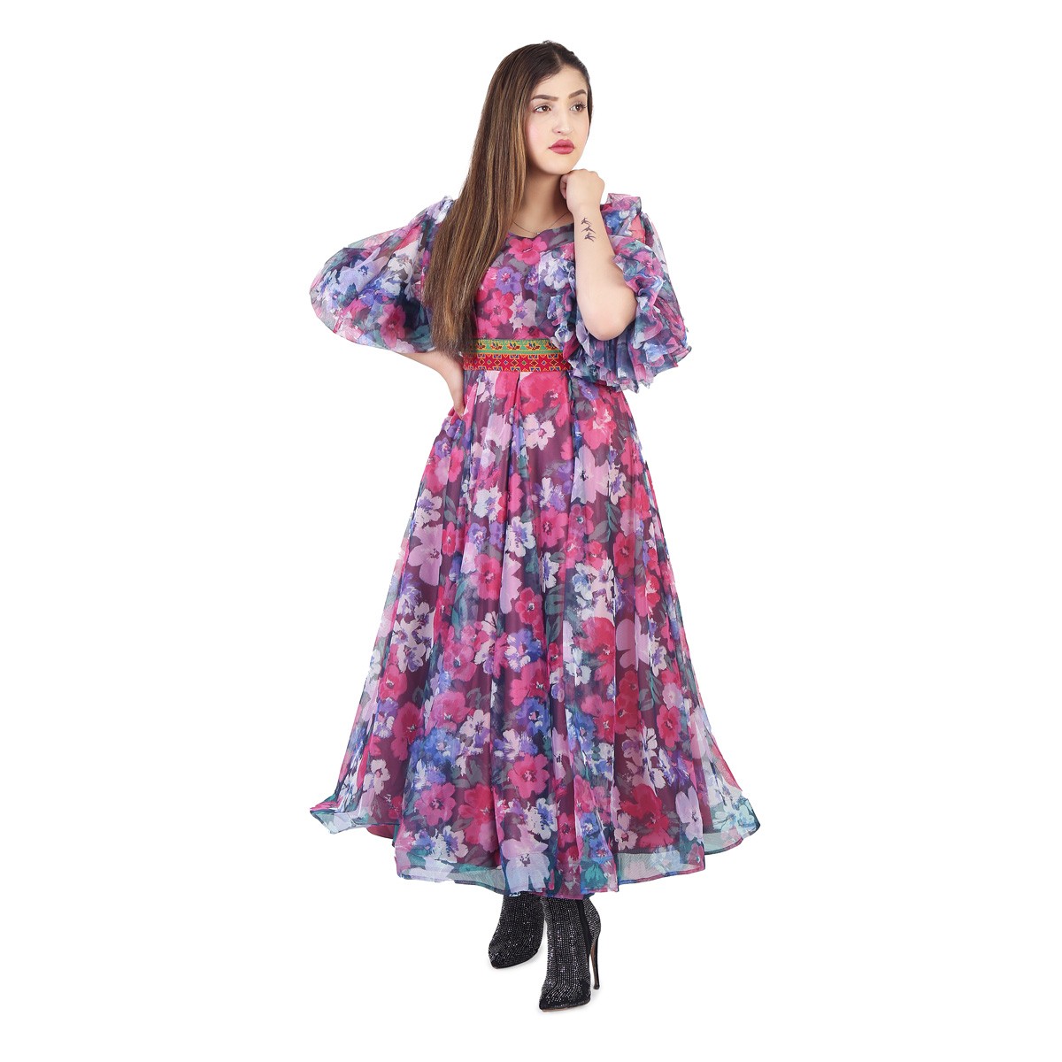 Floral Print Fancy Dress | Long Frock With Ghazni Embroidered Belt 1
