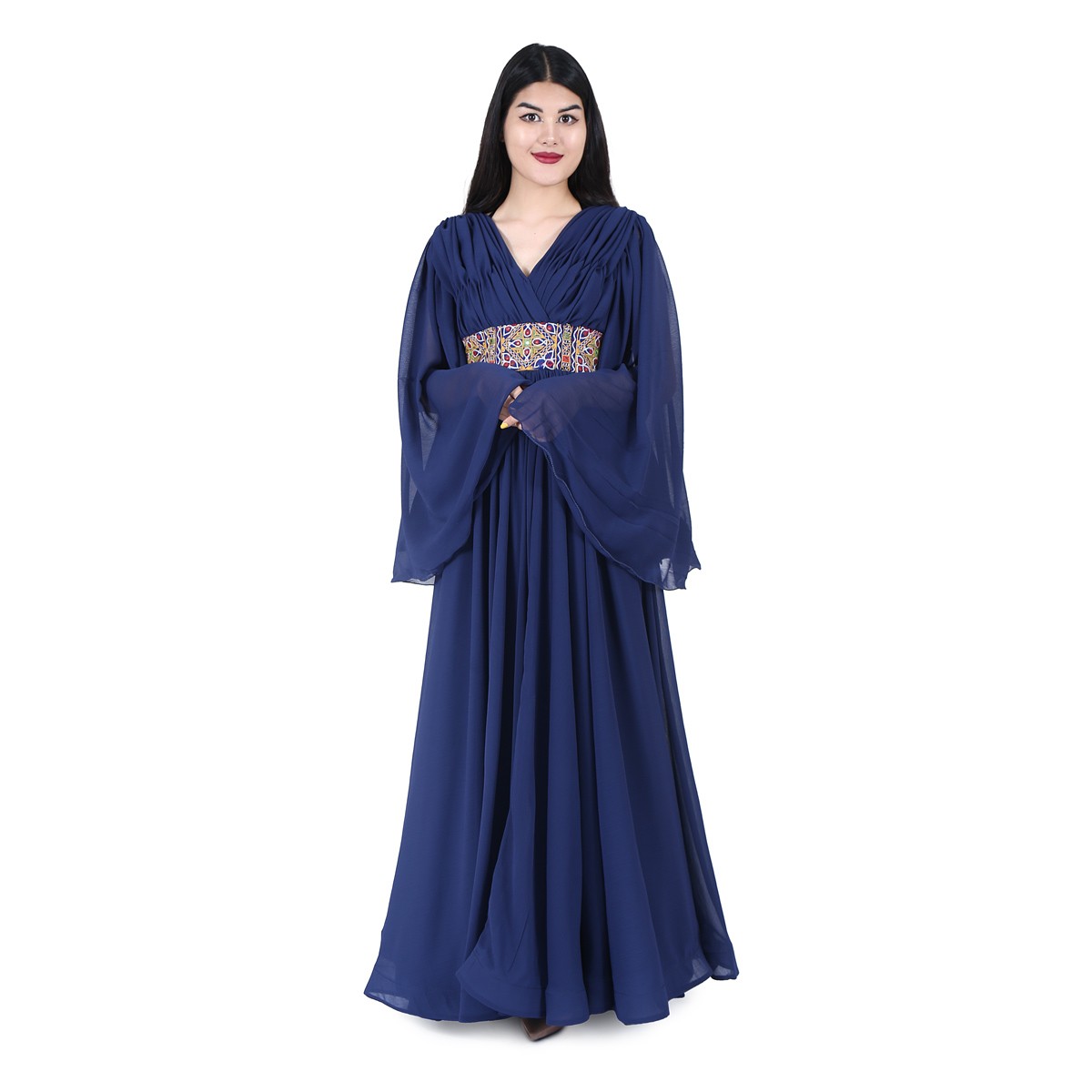 Navy Blue Belted Frock | Crinkle Trumpet Sleeved Dress 1