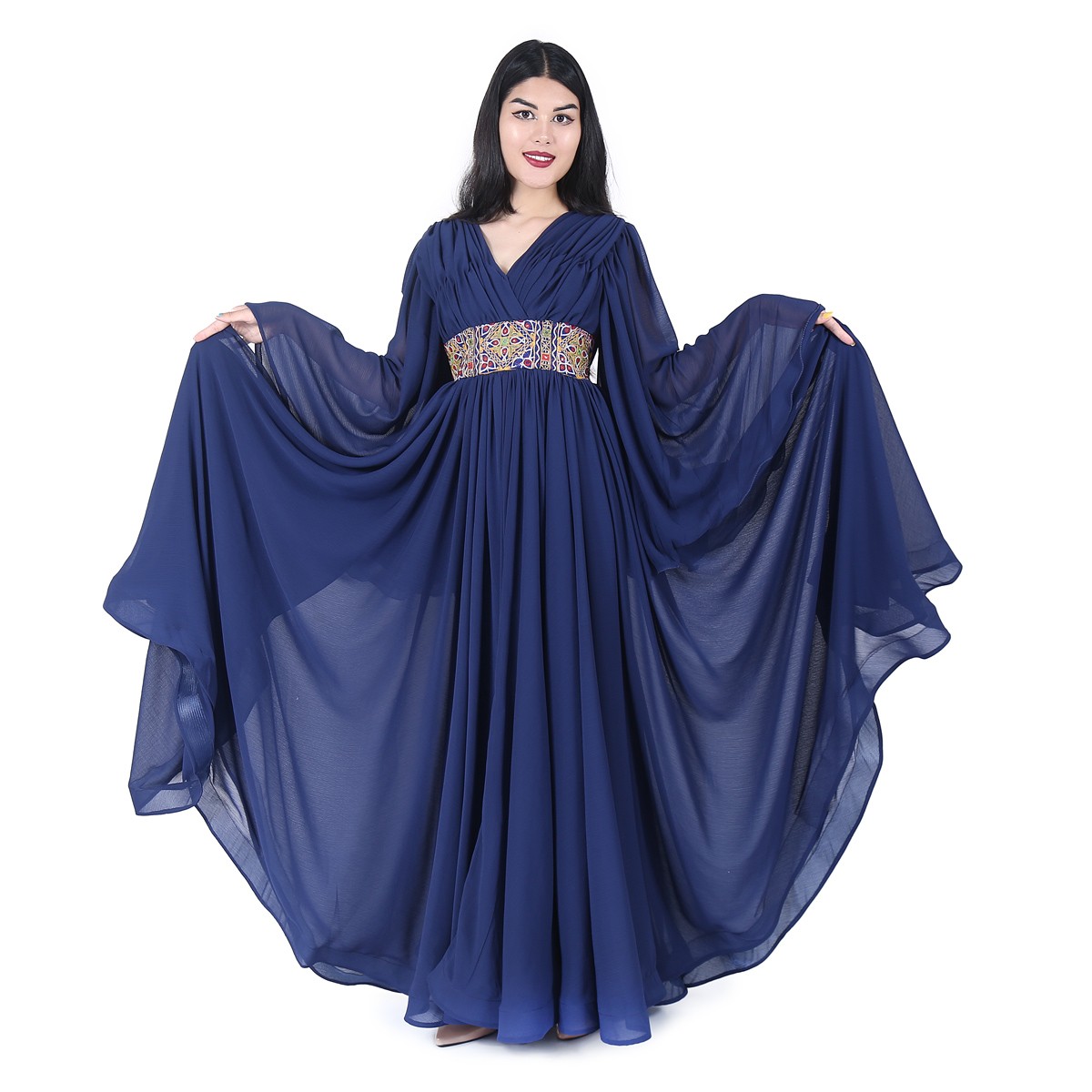 Navy Blue Belted Frock | Crinkle Trumpet Sleeved Dress 2