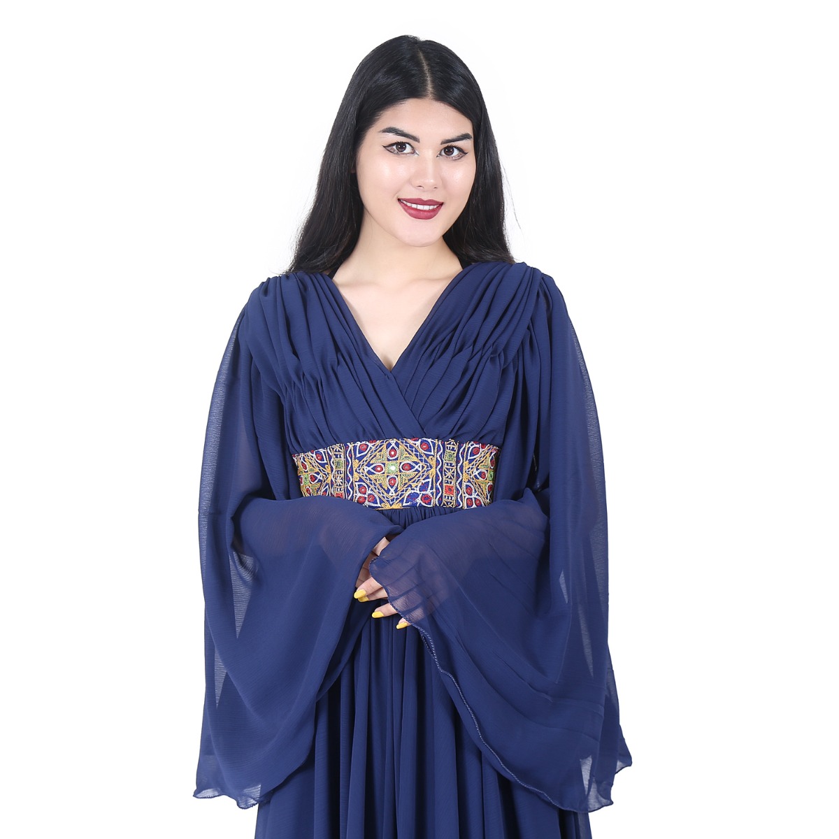 Navy Blue Belted Frock | Crinkle Trumpet Sleeved Dress 3
