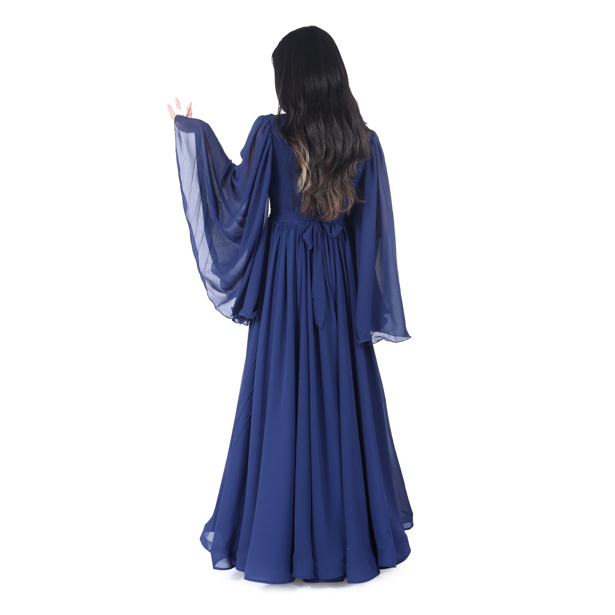 Navy Blue Belted Frock | Crinkle Trumpet Sleeved Dress 4