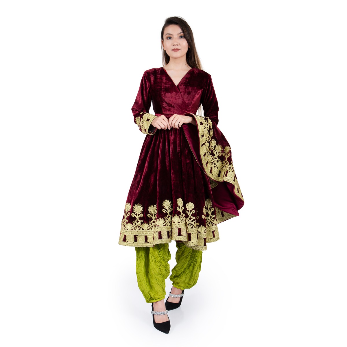 Maroon Red Velvet Kuchi Embroidered Fancy Frock | 3 Piece Suit 2